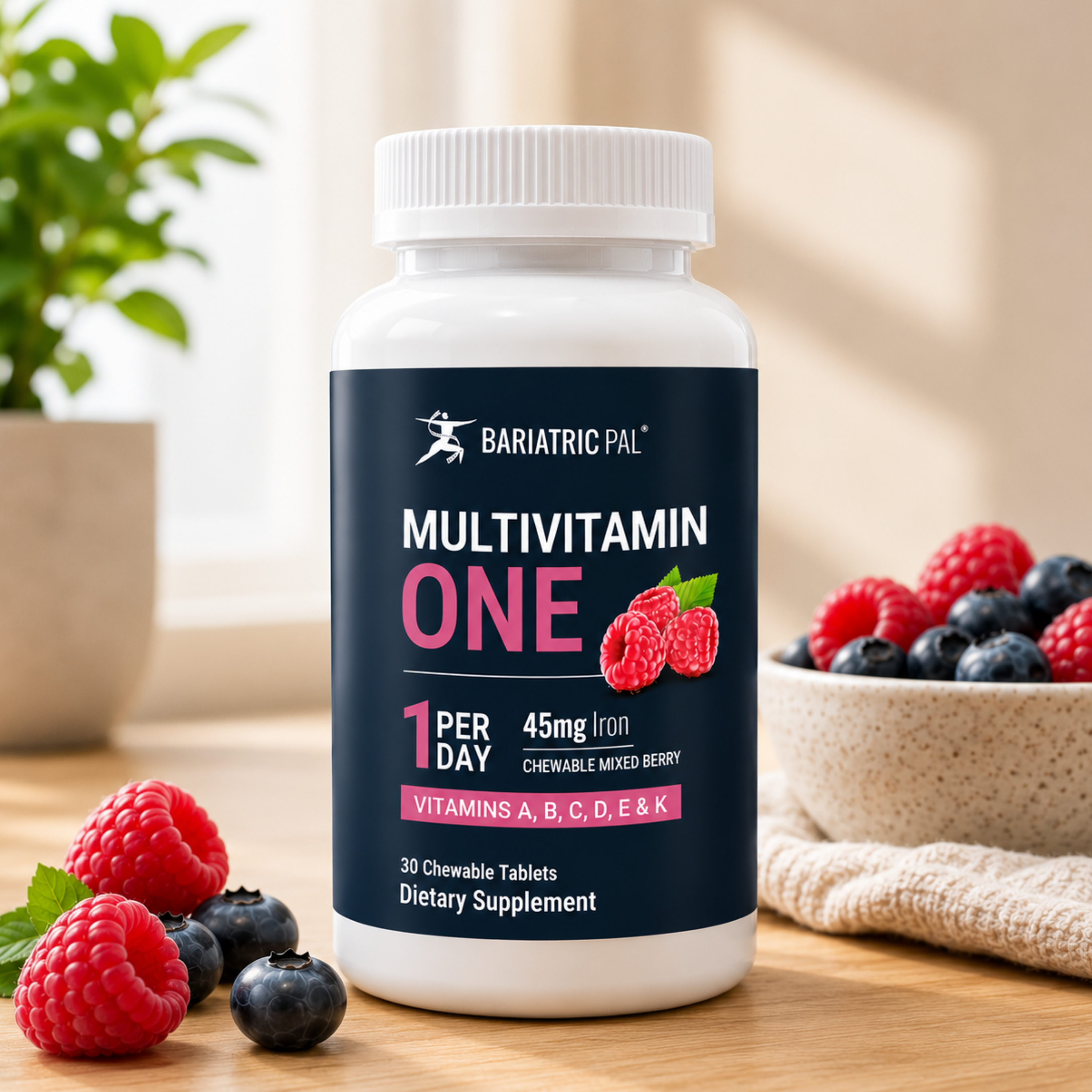 Bottle of Multivitamin ONE per day 45mg iron, chewable mixed berry flavor. 