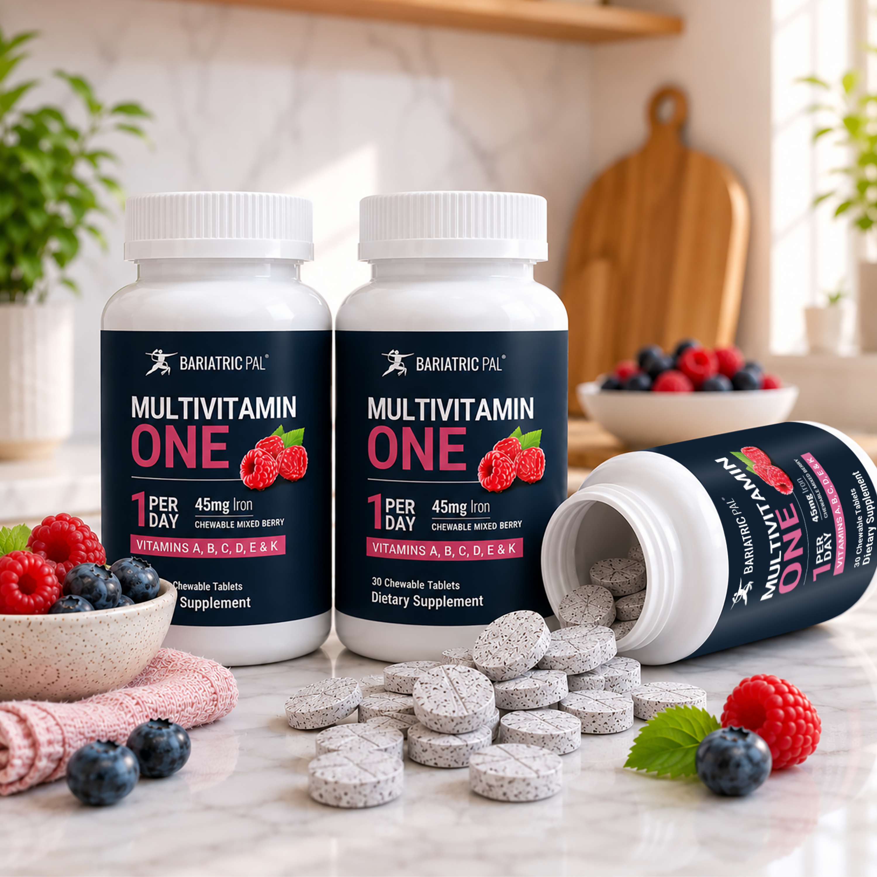 Two bottles of BariatricPal Multivitamin One dietary supplements on a marble countertop with fresh berries, with one bottle lying open showing gray tablets spilling out.