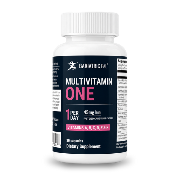 BariatricPal Multivitamin ONE fast‑dissolving veggie capsules with 45mg iron.