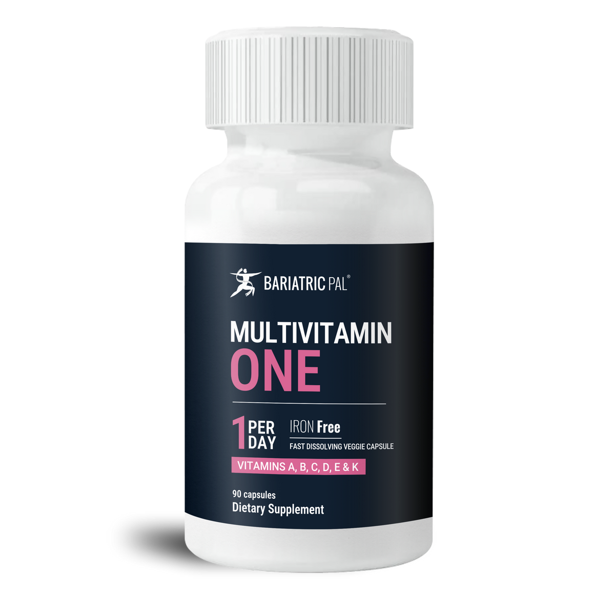 BariatricPal Multivitamin ONE Iron-Free with 90 fast-dissolving veggie capsules. Take one capsule per day.