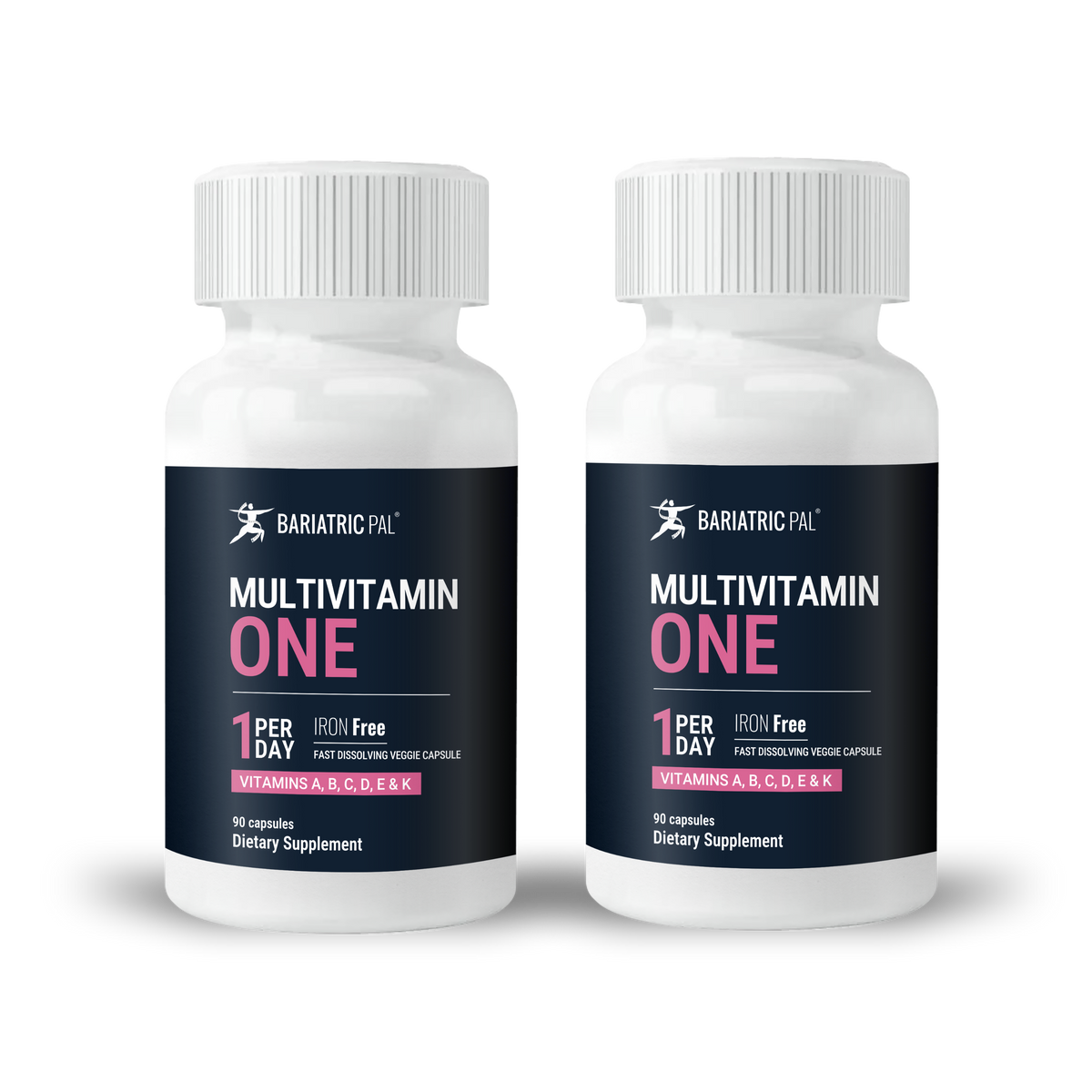 Two bottles of Bariatric Pal Multivitamin One are displayed, each labeled as iron-free dietary supplements containing vitamins A, B, C, D, E, and K, with instructions for one capsule per day.