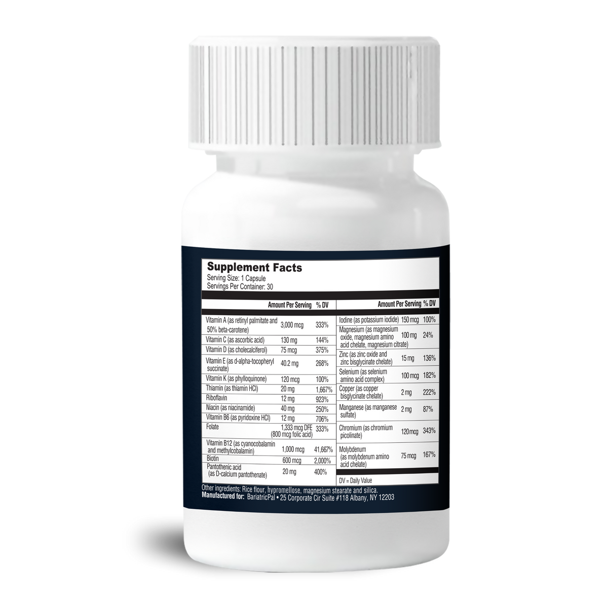 BariatricPal Multivitamin ONE Iron-Free with 30 fast-dissolving veggie capsules. Back of bottle, supplement facts.