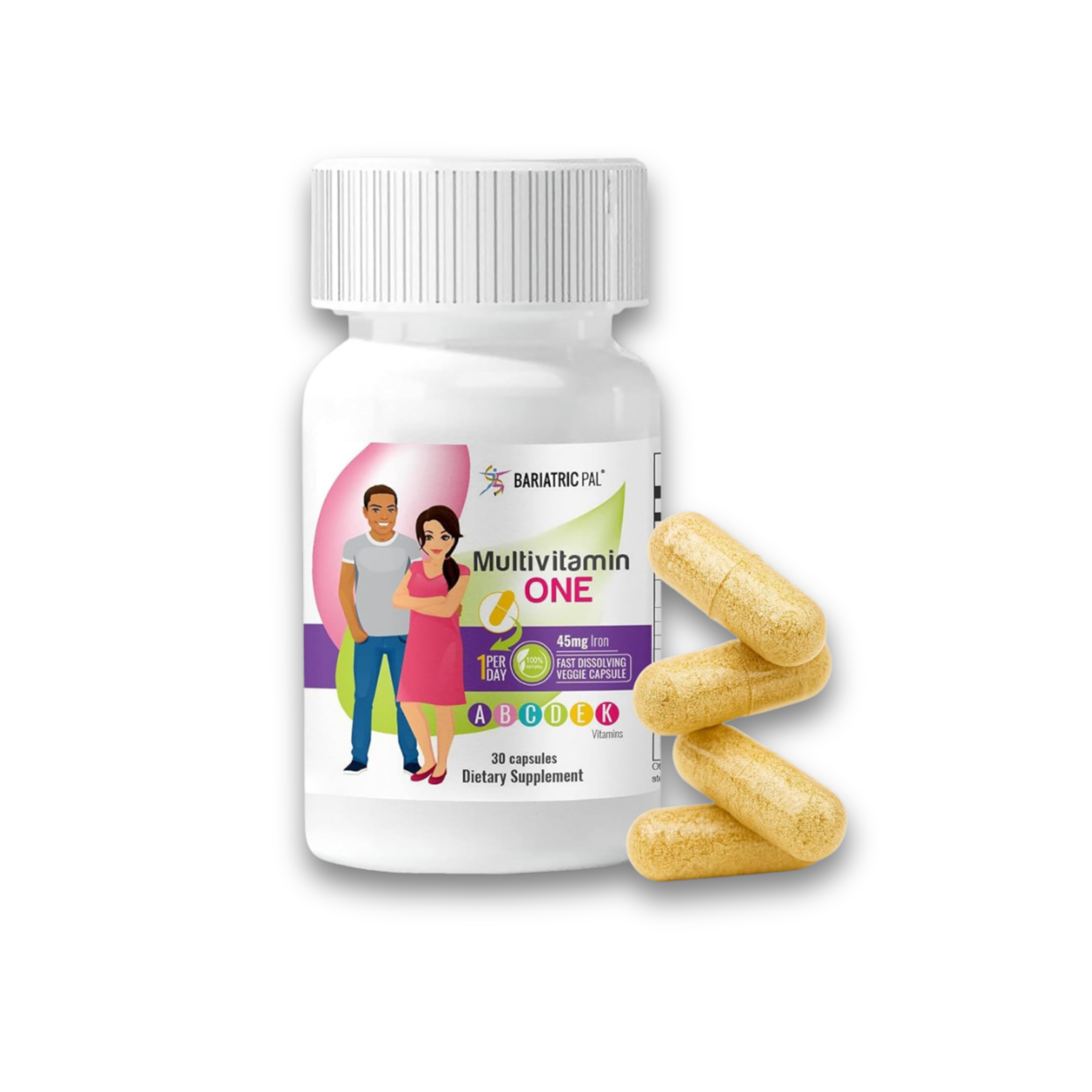 A white bottle of Bariatric Pal Multivitamin One with a colorful label shows a man and woman standing together, alongside three yellow capsules on a black background.