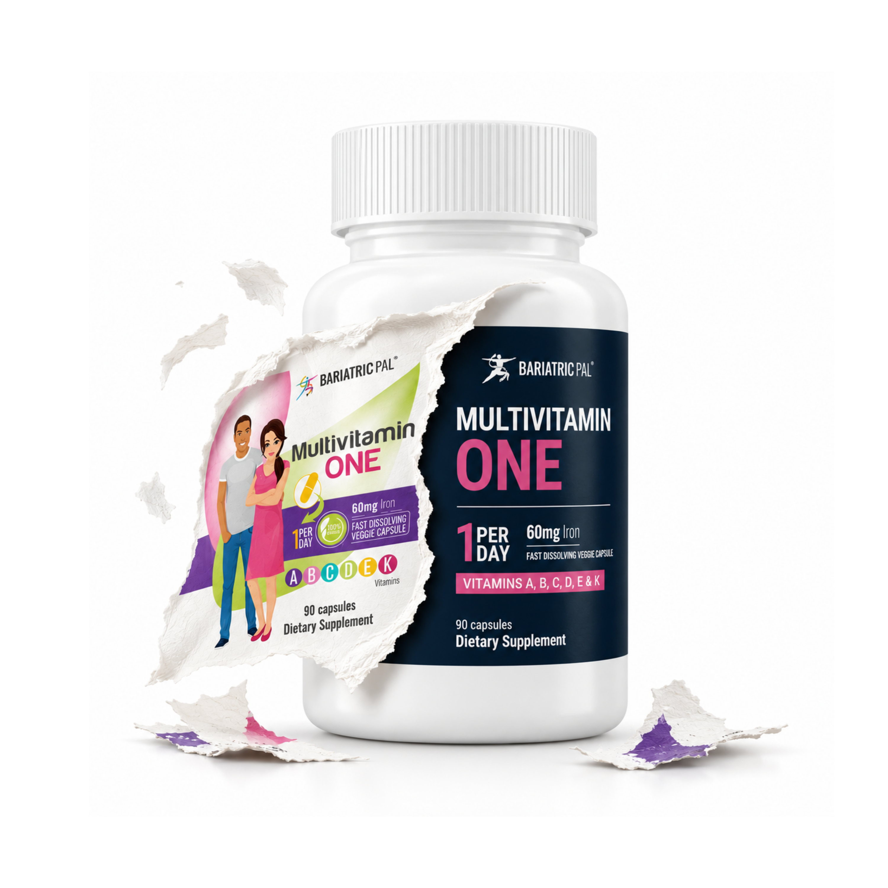 A bottle of Bariatric Pal Multivitamin One, featuring a colorful label and a torn paper effect, displays the product's details, including dosage and vitamin content, alongside illustrations of a man and woman.