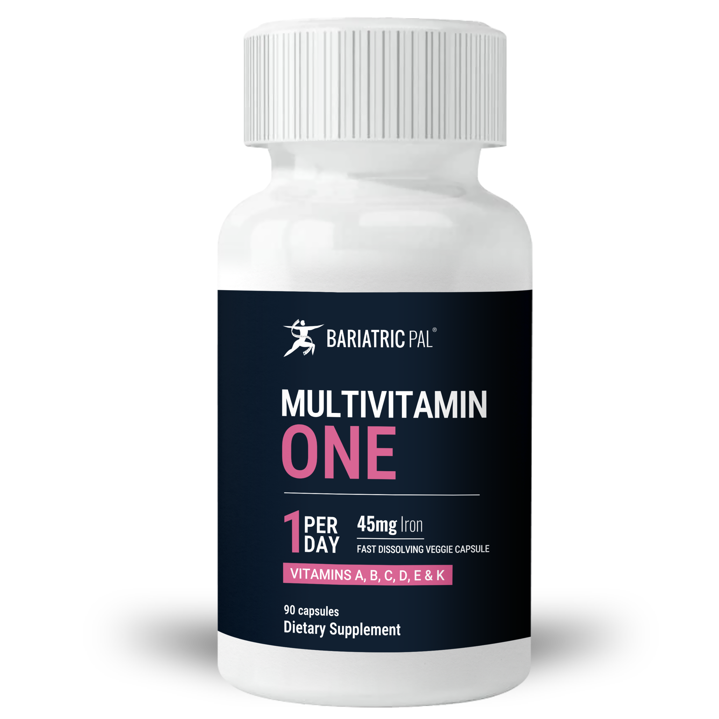 A white bottle labeled "MULTIVITAMIN ONE" from Bariatric Pal contains 90 fast-dissolving veggie capsules, highlighting vitamins A, B, C, D, E, K, and 45mg of iron, designed as a dietary supplement.