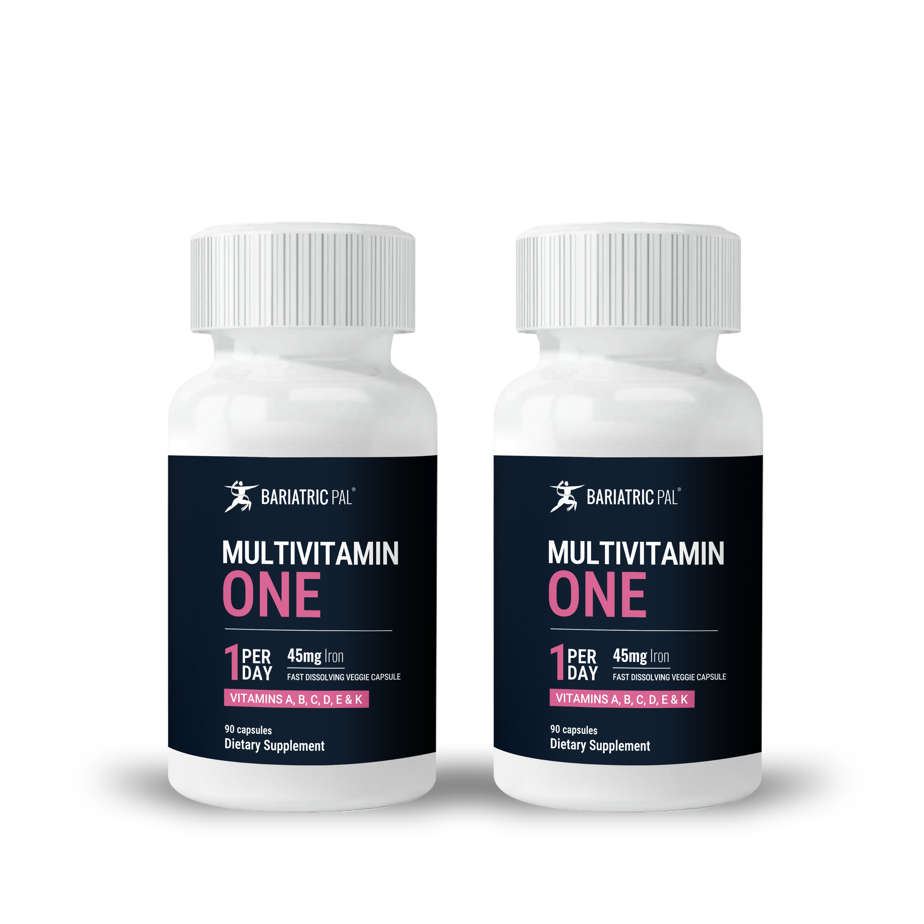 Two bottles of Bariatric Pal Multivitamin One, labeled as a dietary supplement, each containing 90 fast-dissolving veggie capsules with vitamins A, B, C, D, E, K, and 45mg of iron.
