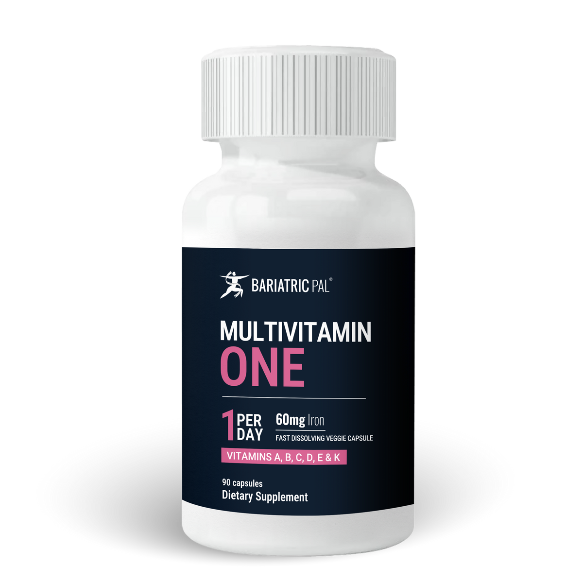 A white bottle of Bariatric Pal Multivitamin One, featuring a black label with pink text, displays information about its contents, including vitamins A, B, C, D, E, and K, and instructions for daily use.