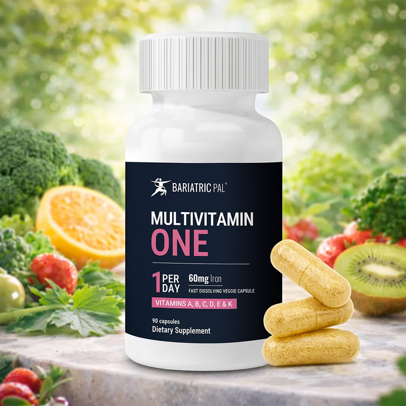 A bottle of Bariatric Pal Multivitamin One, featuring 90 fast-dissolving veggie capsules, is displayed among fresh fruits and vegetables, emphasizing its health benefits and dietary support.
