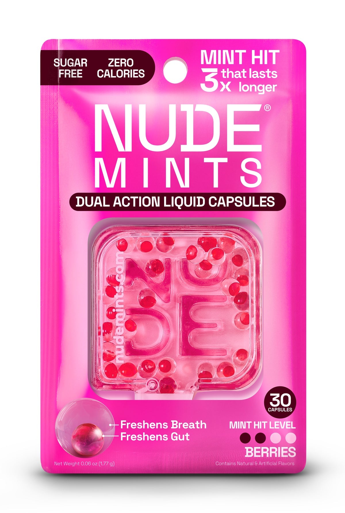 A bright pink packaging displays "NUDE MINTS" with a transparent section showing red liquid capsules, labeled as sugar-free and calorie-free, promoting fresh breath and gut health.