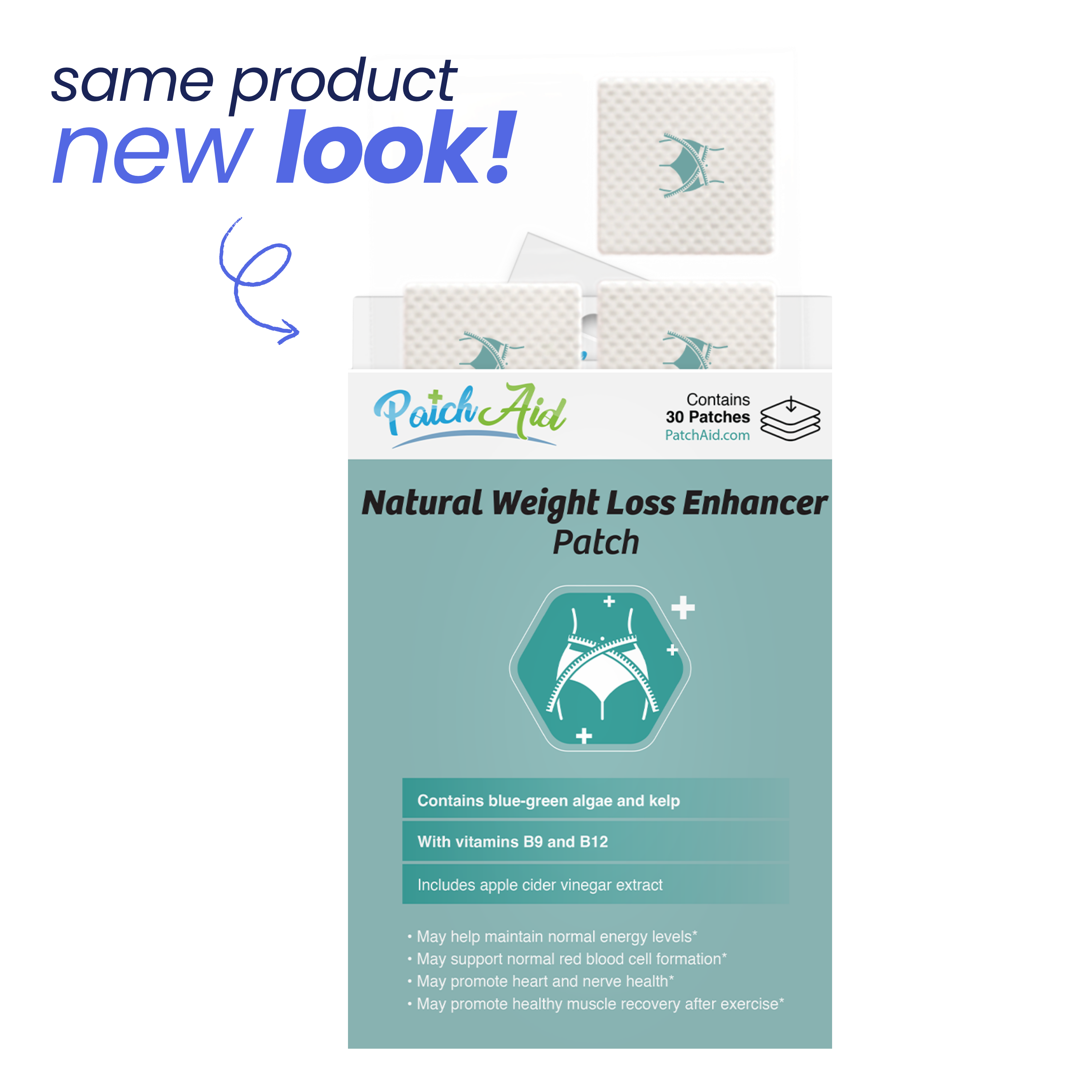 Patch Aid natural weight loss patch packaging with text 'same product new look'.