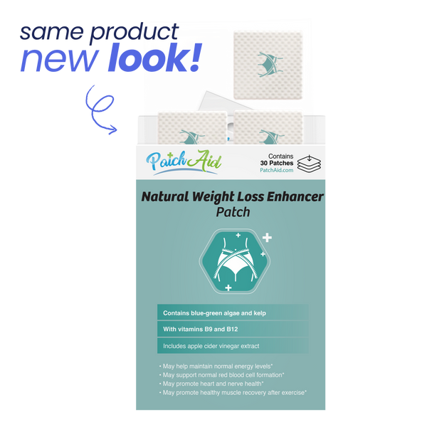 Patch Aid natural weight loss patch packaging with text 'same product new look'.
