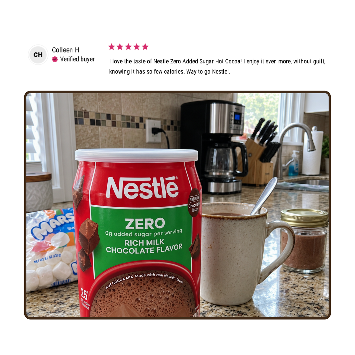 Nestlé Zero Added Sugar Rich Milk Chocolate Hot Cocoa Mix with creamy chocolate flavor and 0 grams of added sugar per serving.