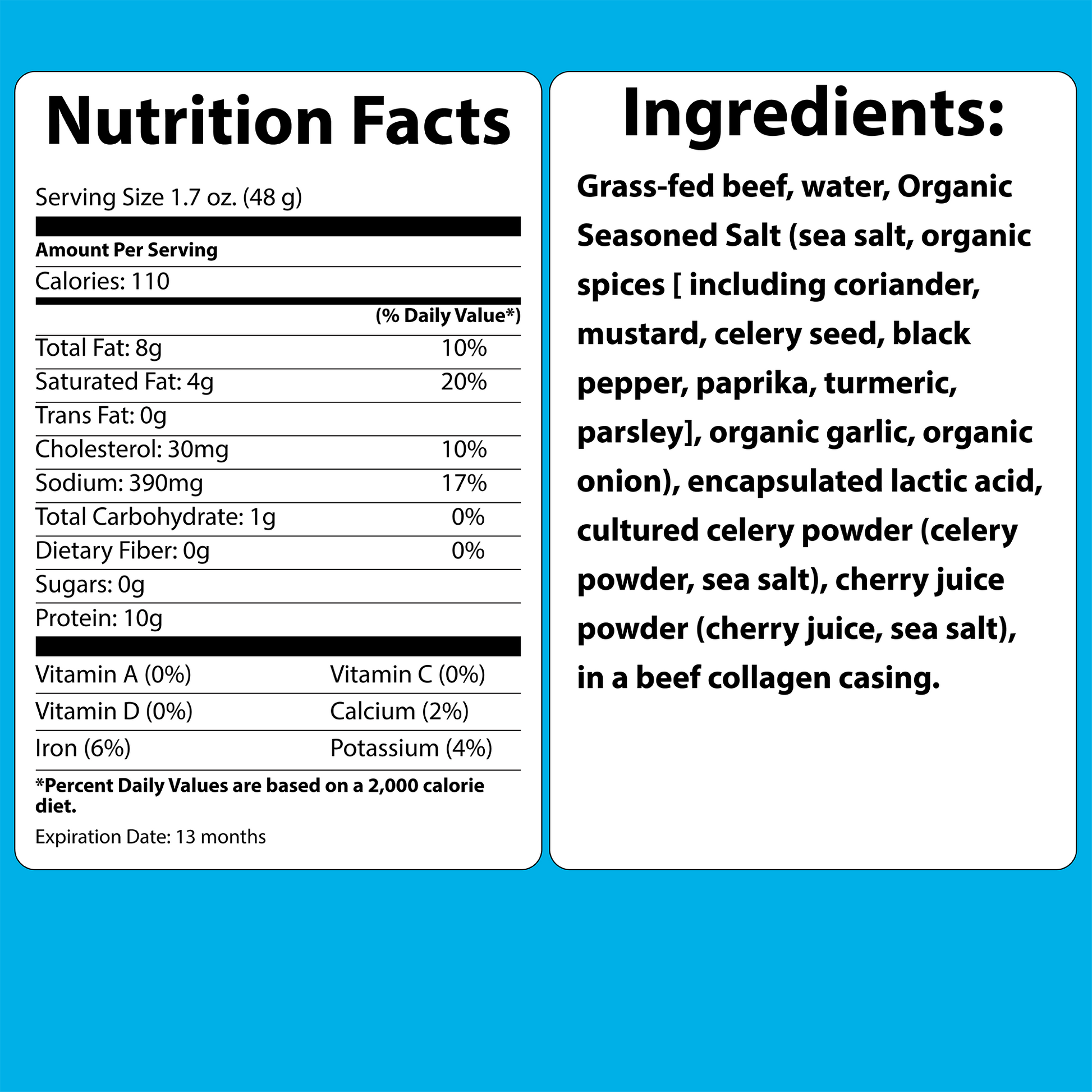 Nutrition facts and ingredient list for a beef snack product, detailing serving size, calories, fats, protein, and various organic spices in a blue background layout.