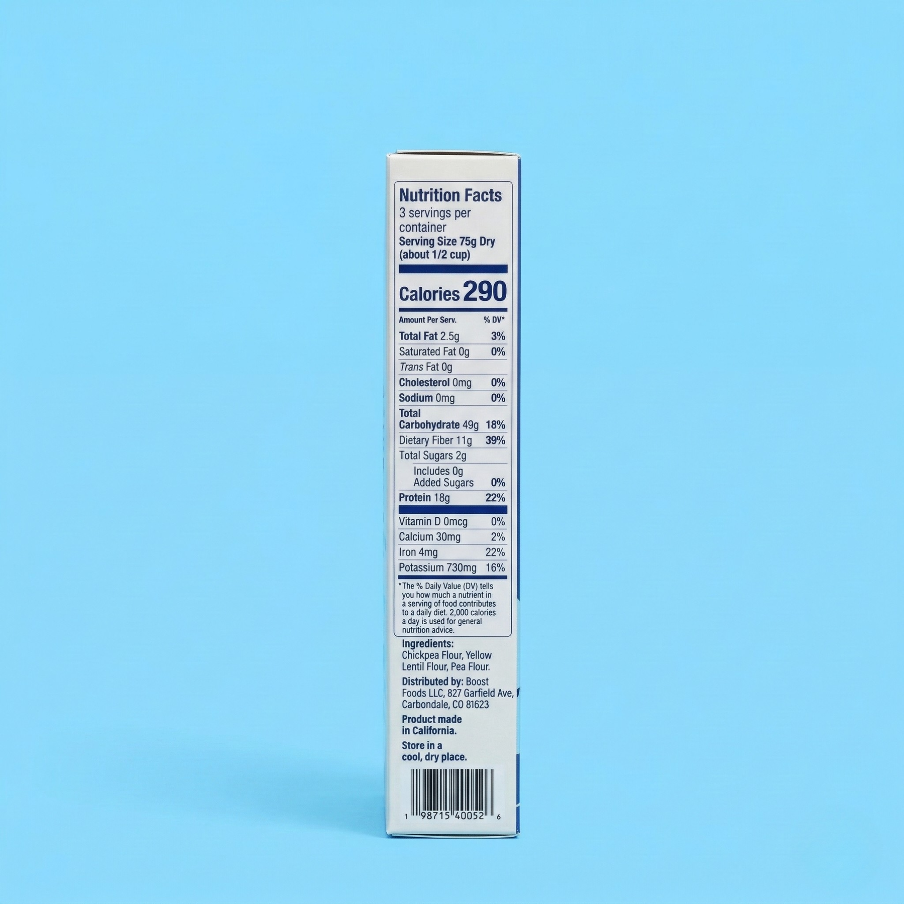 The back of a product box displays nutrition facts, including serving size, calories, and ingredients, against a light blue background.