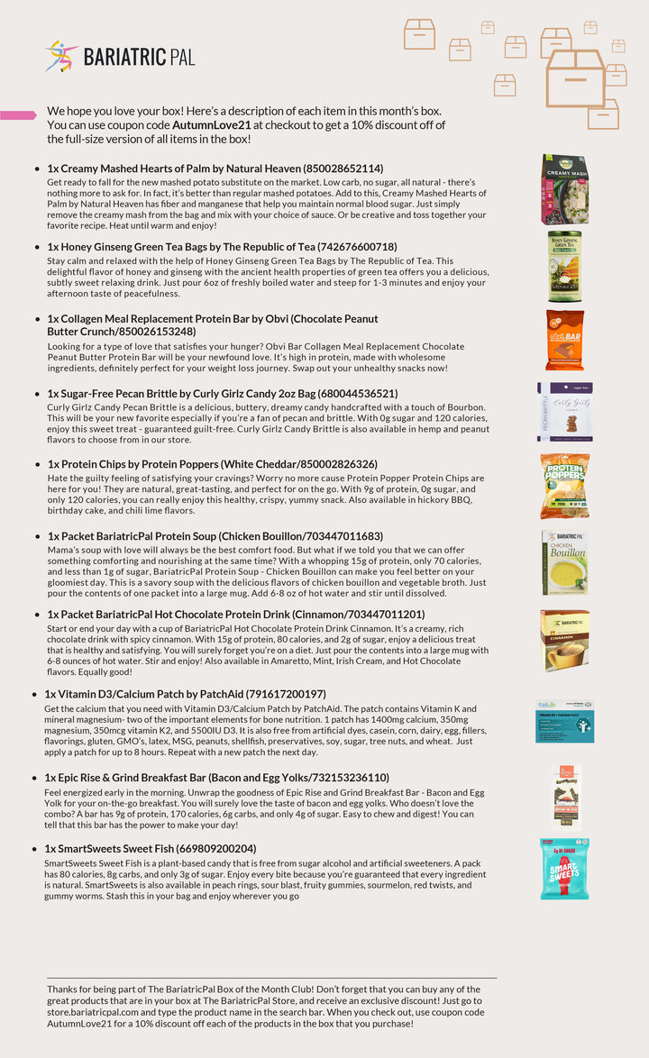A promotional flyer lists various health-focused food products in a subscription box, including descriptions, ingredients, and nutritional information for each item, along with a discount code for purchases.