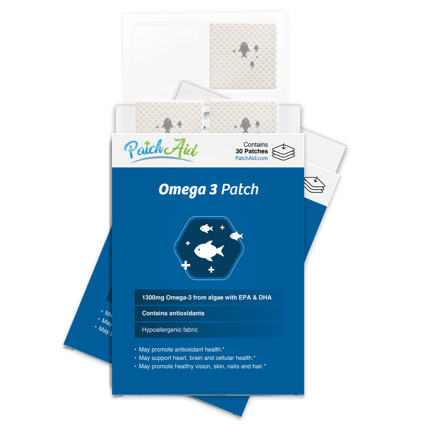 A blue packaging for Omega 3 patches displays the product name and benefits, featuring a graphic of fish, with several patches visible inside, emphasizing its hypoallergenic fabric and antioxidant content.