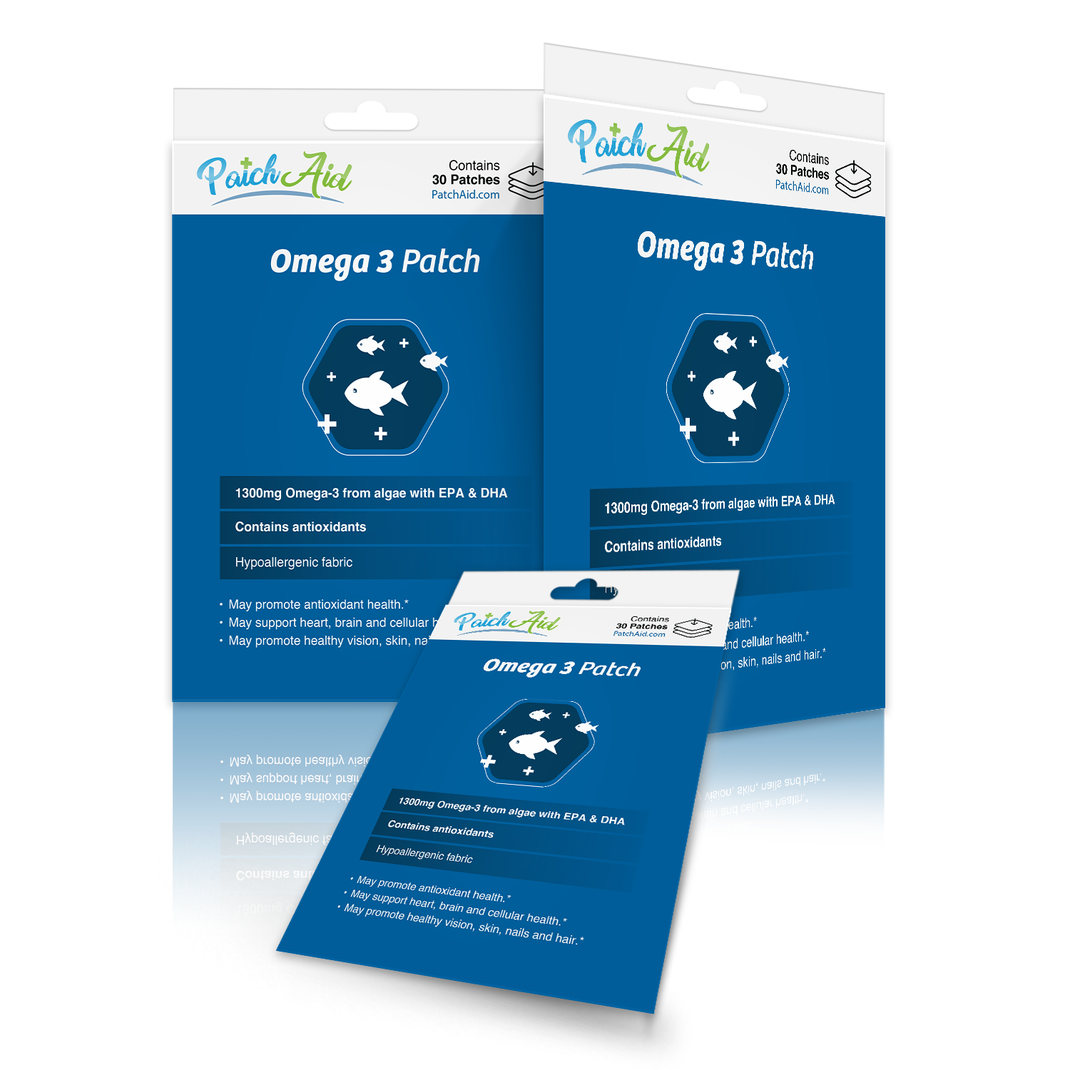 Three packages of Omega 3 patches are displayed, featuring a blue background, fish graphics, and text highlighting benefits like antioxidants and hypoallergenic fabric.