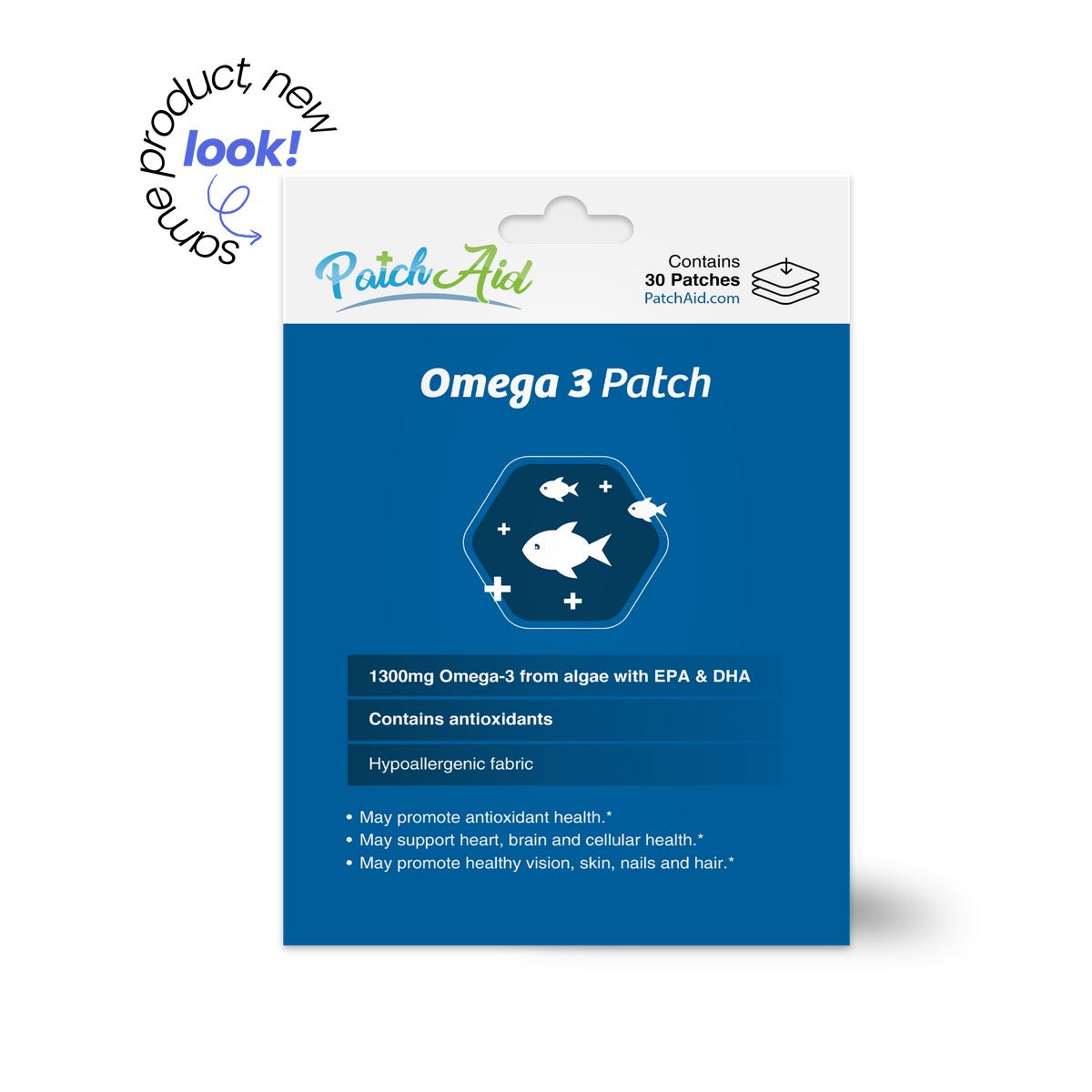Omega 3 Patches with 1,300 mg of algae-sourced omega-3s, including EPA and DHA. Contains 30 hypoallergenic patches.