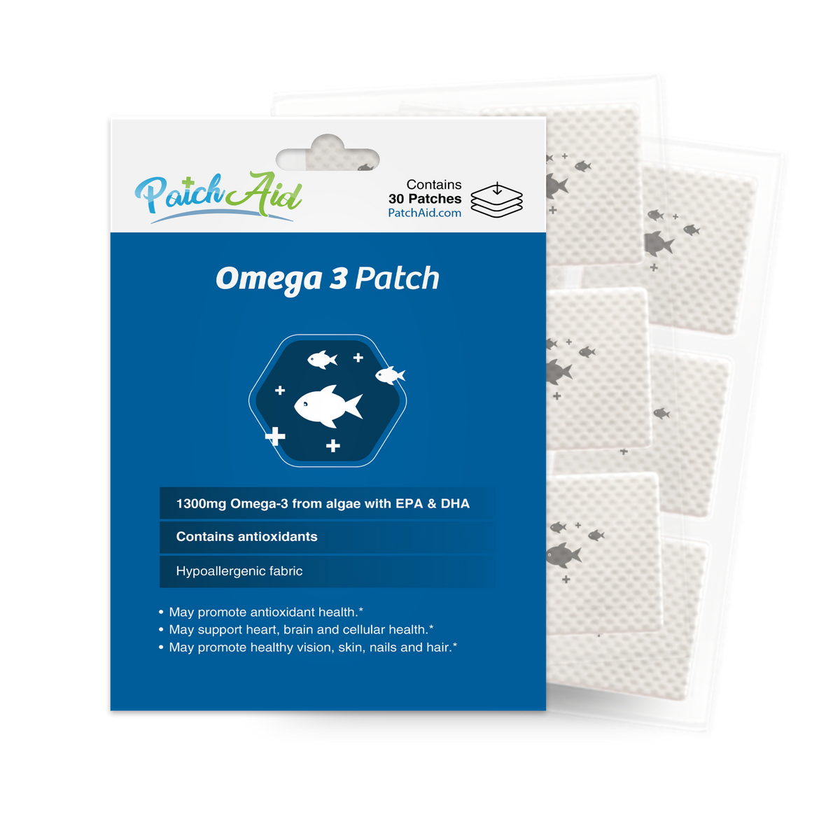 Omega 3 Patches with 1,300 mg of algae-sourced omega-3s, including EPA and DHA. Contains 30 patches.
