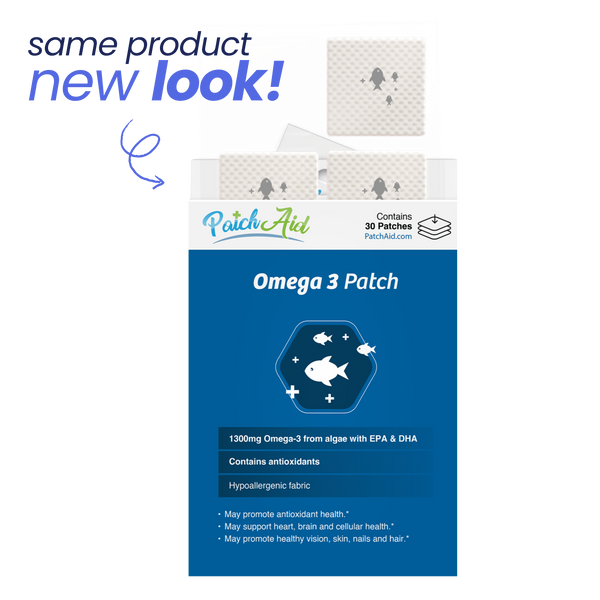 Omega 3 Patch packaging with 'same product new look' text.