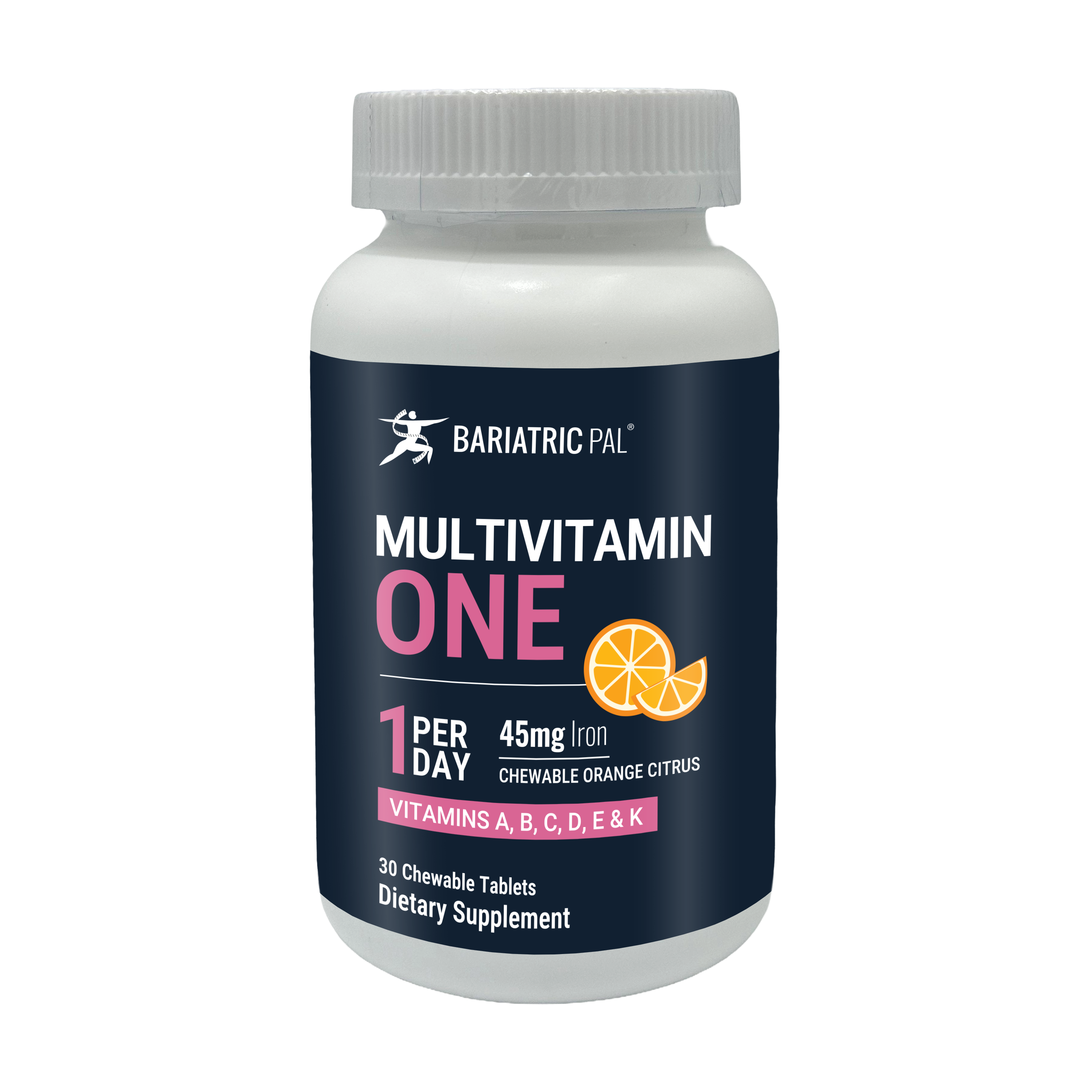A white bottle of Bariatric Pal Multivitamin One displays "1 Per Day" and "45mg Iron" on a dark blue label, featuring an orange citrus illustration, indicating it's a chewable dietary supplement with 30 tablets.