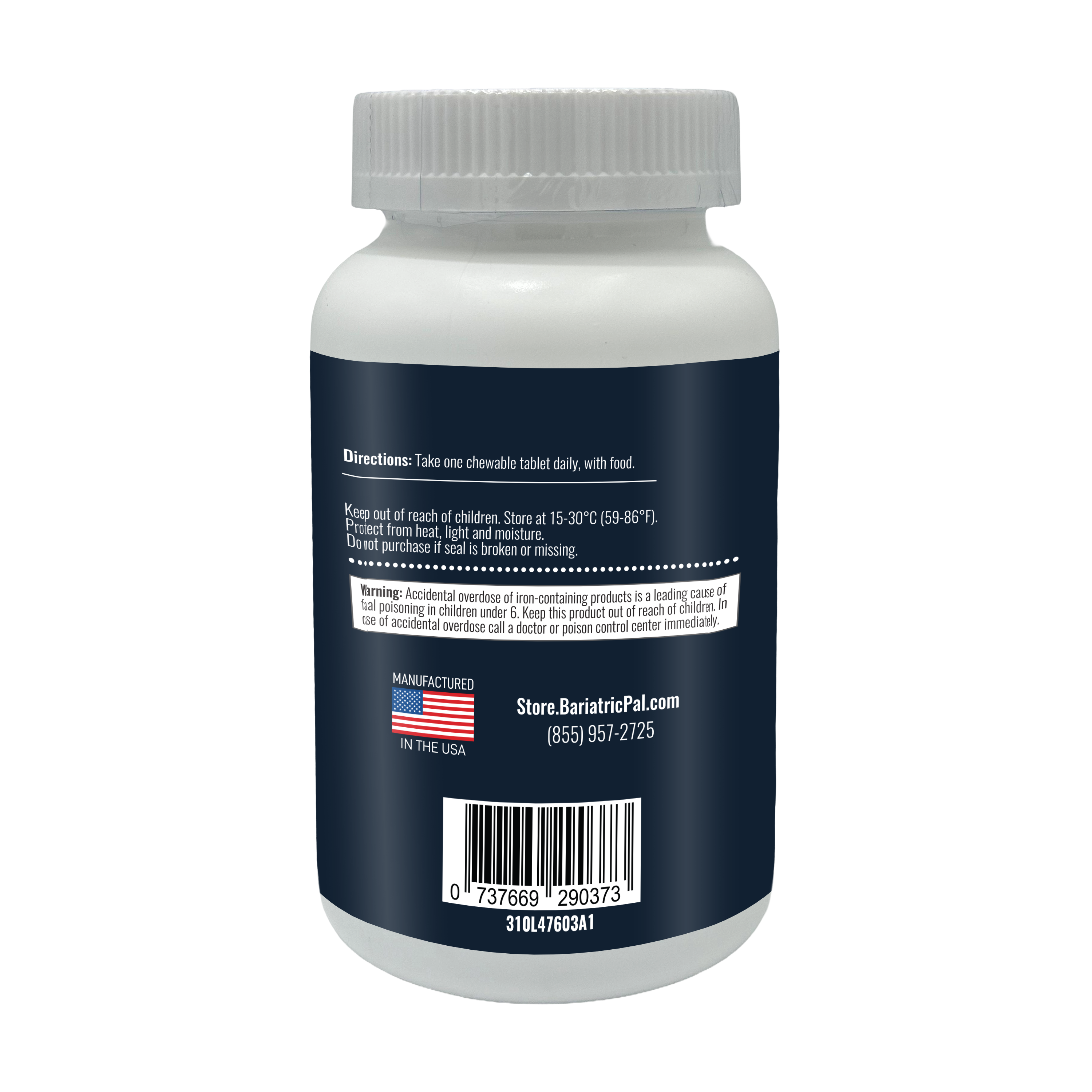 A white supplement bottle with a blue label displays directions for use, storage instructions, and a warning about accidental overdose, featuring a barcode and contact information at the bottom.