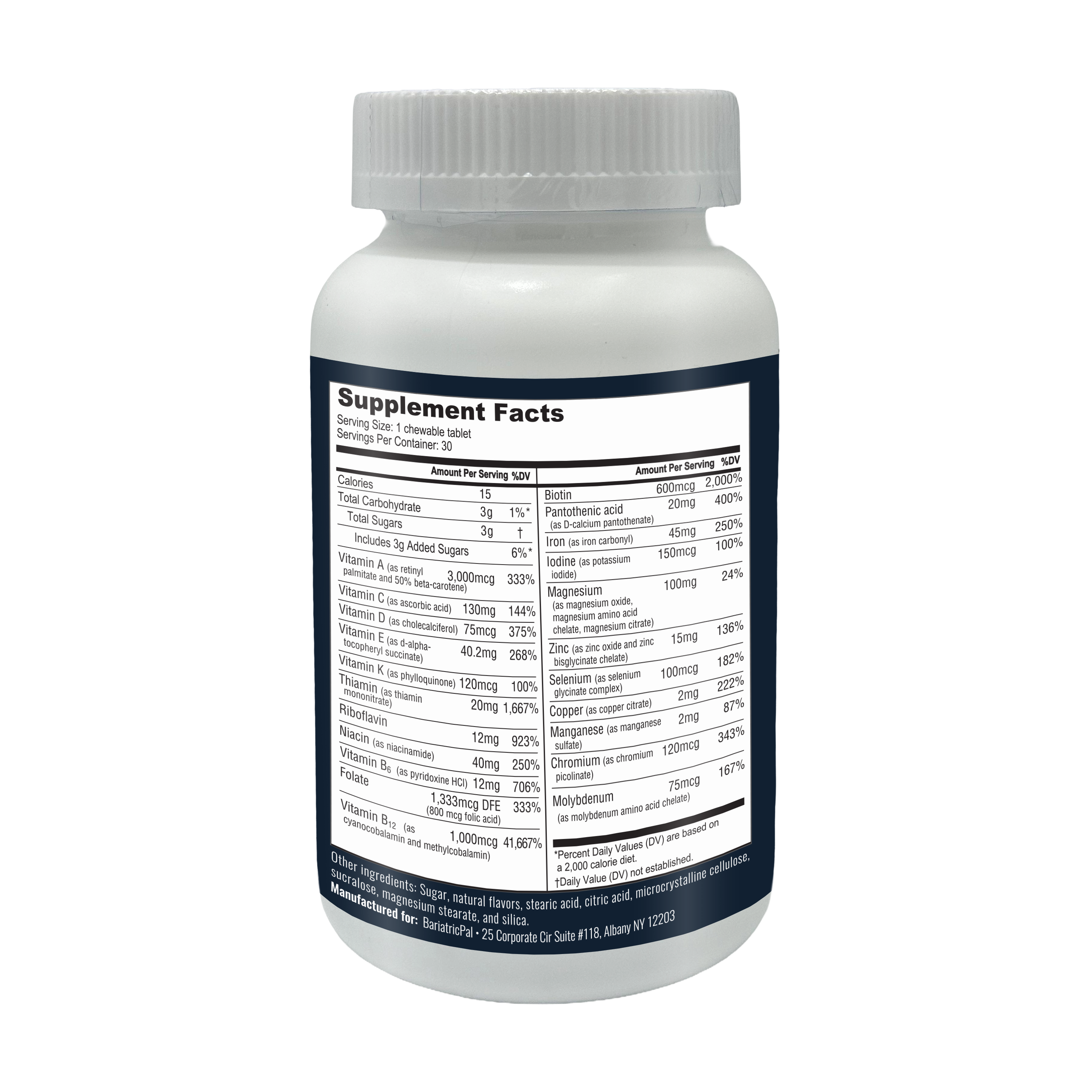 A white supplement bottle displays detailed nutritional facts, including serving size, calories, and various vitamins and minerals, against a dark blue background.