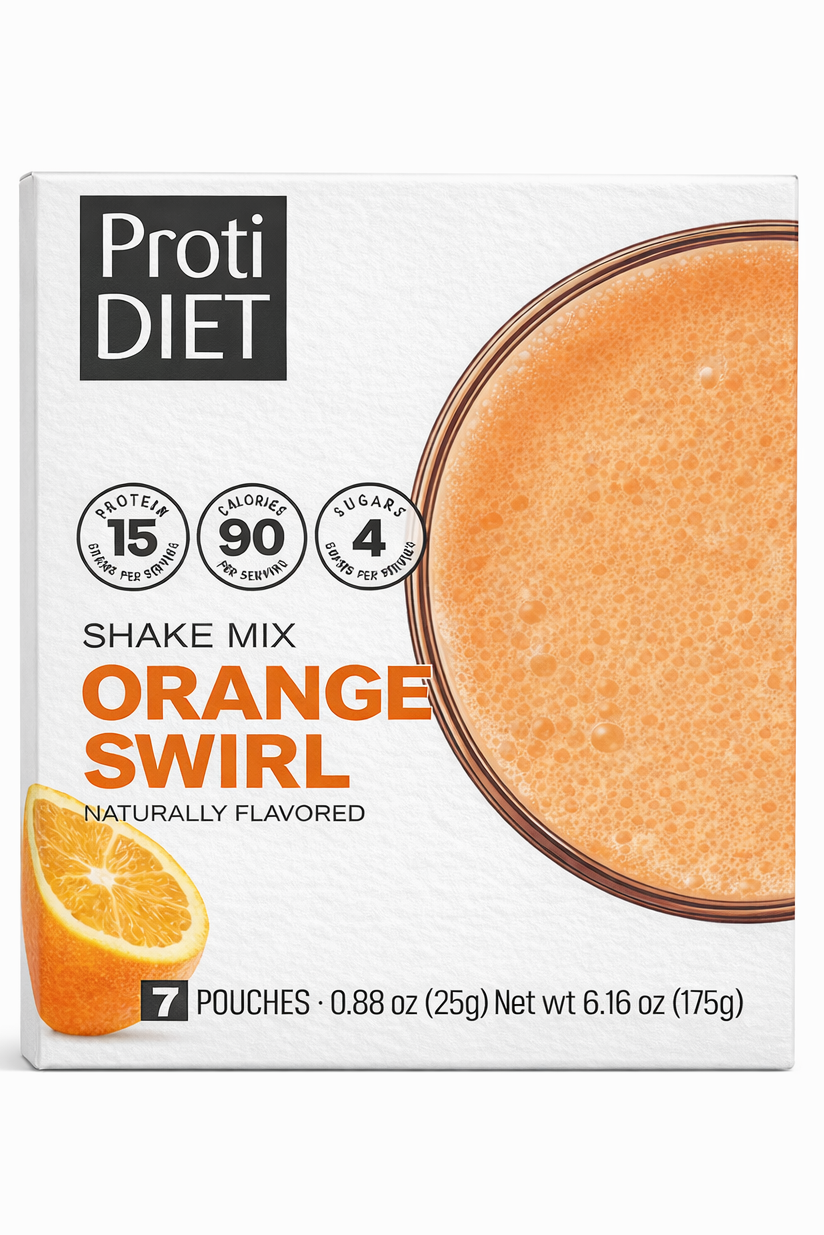 ProtiDIET Orange Swirl shake mix box displays a glass of orange beverage with bubbles, featuring nutritional information highlighting 15 grams of protein, 90 calories, and 4 grams of sugar per serving.