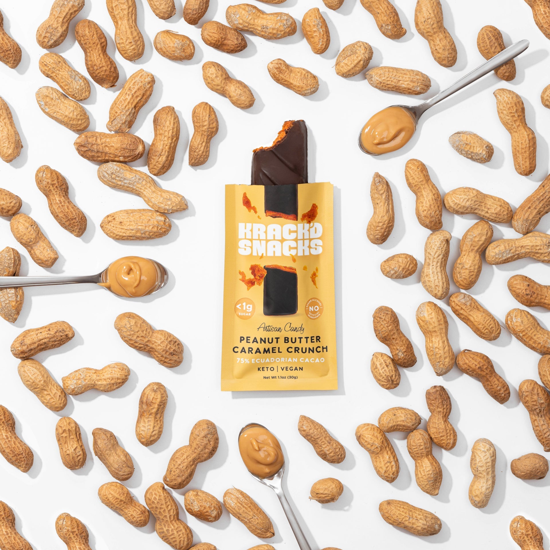 Artisan Crafted Dark Chocolate Peanut Butter Caramel Crunch by Krack'd Snacks - 75% Ecuadorian Cacao