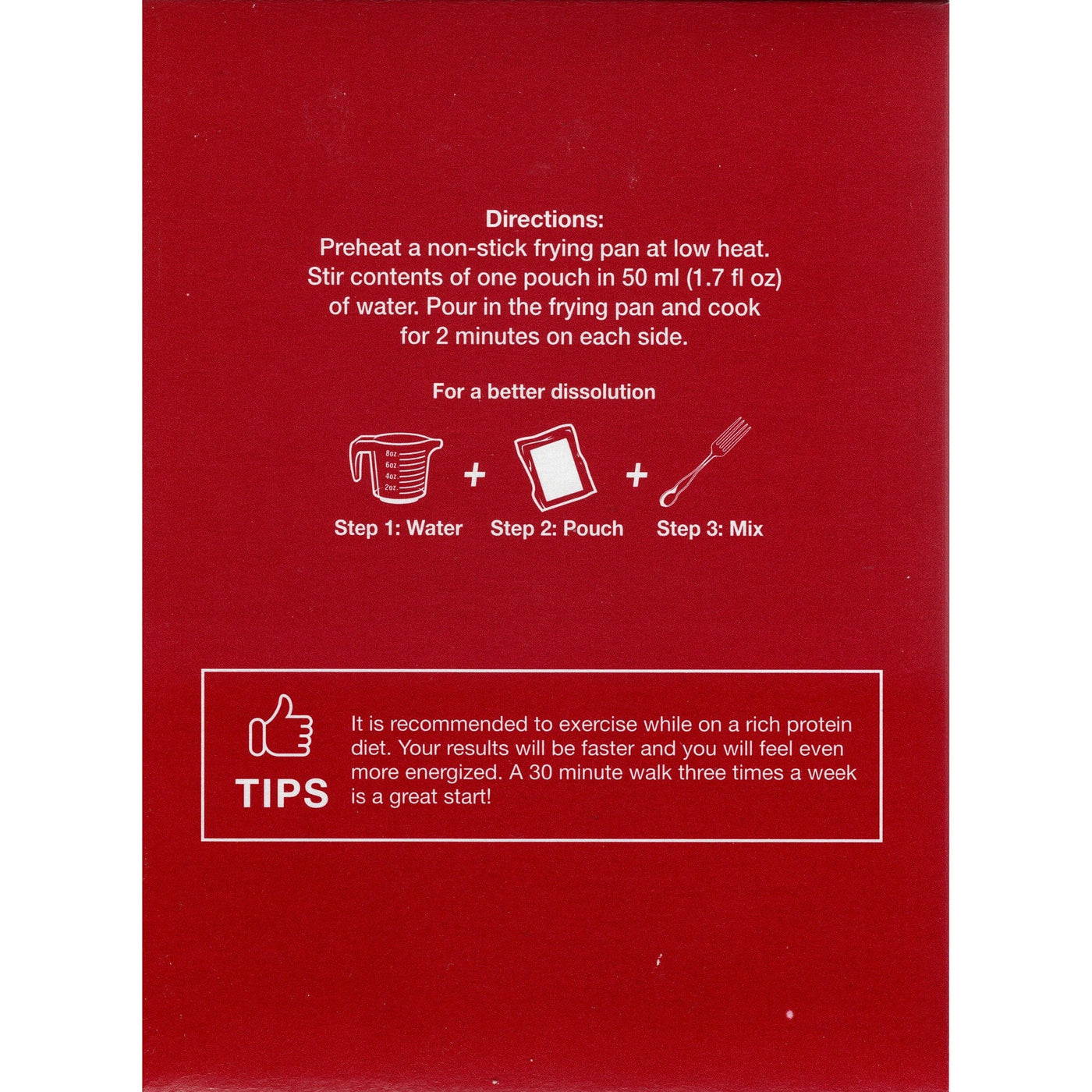 Red packaging displays cooking instructions for a non-stick frying pan, detailing steps to prepare a dish with water, a pouch, and mixing, along with tips for exercise and diet.