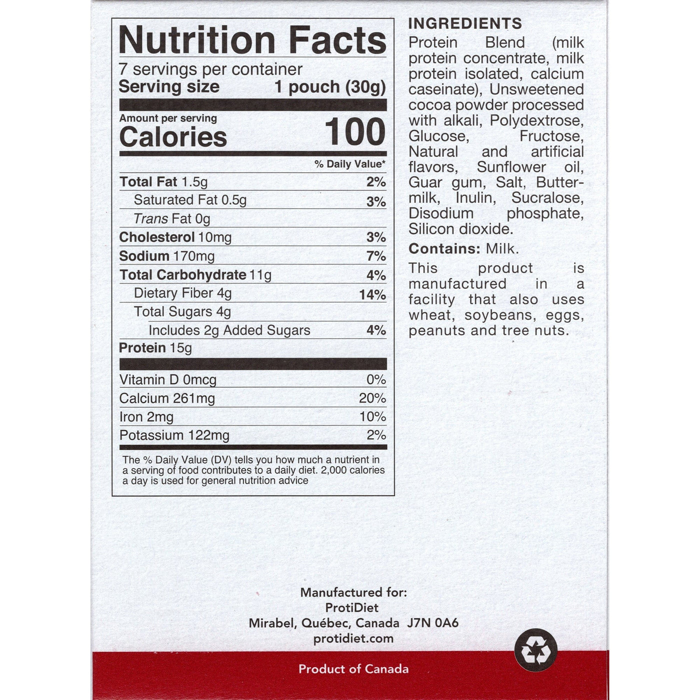 Nutrition facts label for a protein product, detailing serving size, calories, and nutrient content, including ingredients like milk protein and cocoa powder, with allergen warnings.