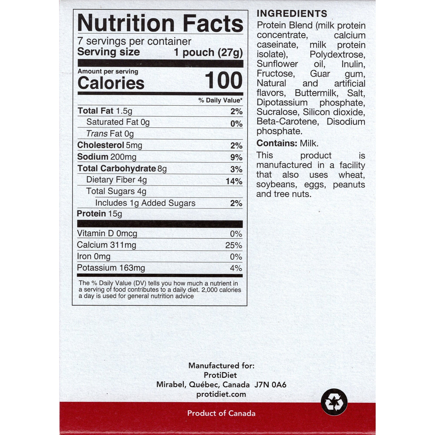 Nutrition facts label for a protein product, detailing serving size, calories, and nutrient content, including ingredients and allergen information, set against a plain background.