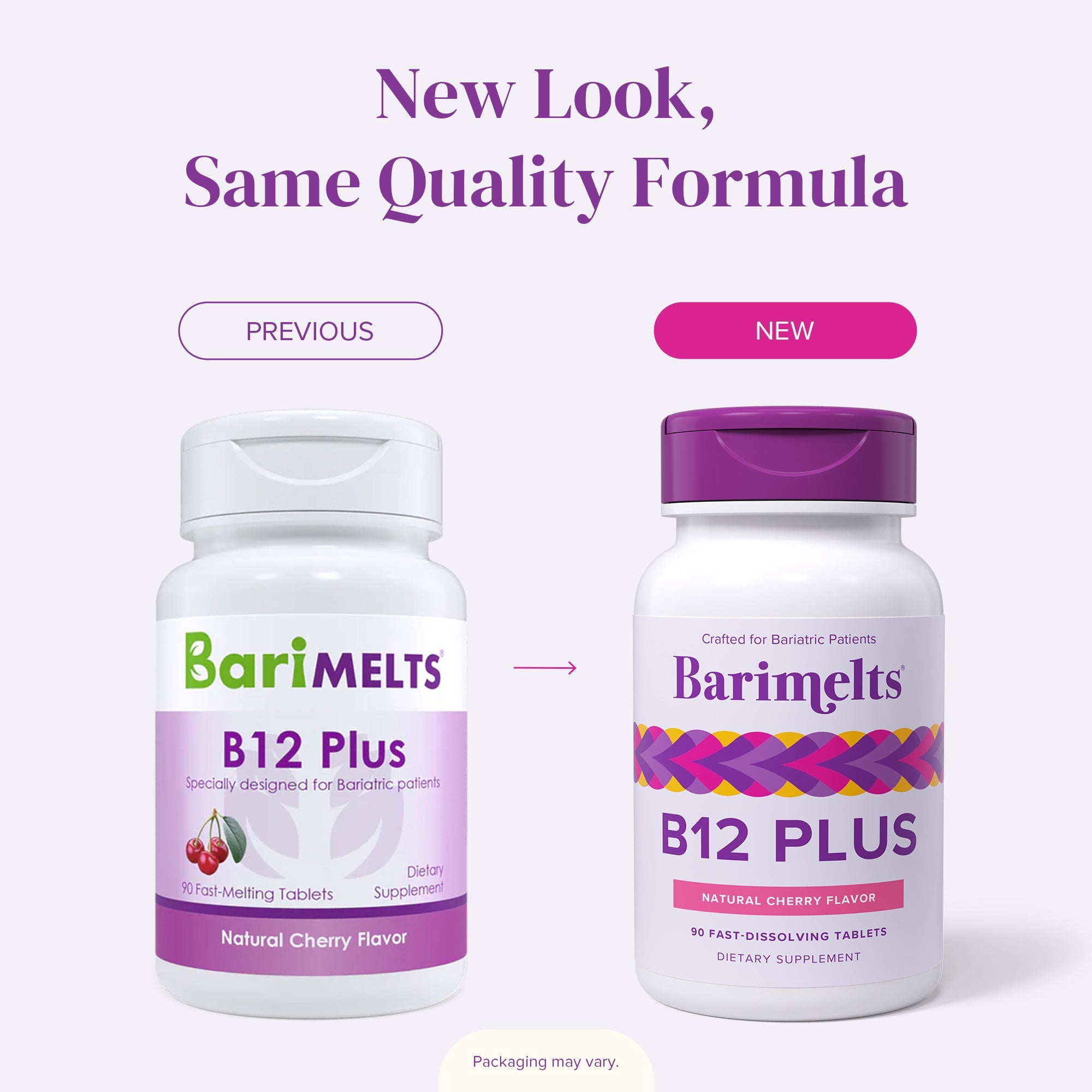 Two bottles of BariMelts B12 Plus dietary supplement side by side, featuring a new design with a purple cap, 90 fast-dissolving tablets, and labeled as natural cherry flavor for bariatric patients.