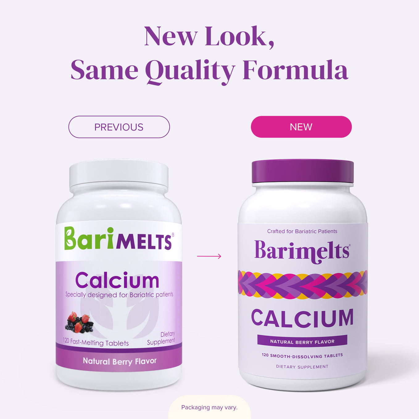 Two bottles of BariMelts Calcium dietary supplement for bariatric patients, featuring a new design with smooth-dissolving tablets, natural berry flavor, and 120 tablets per container.