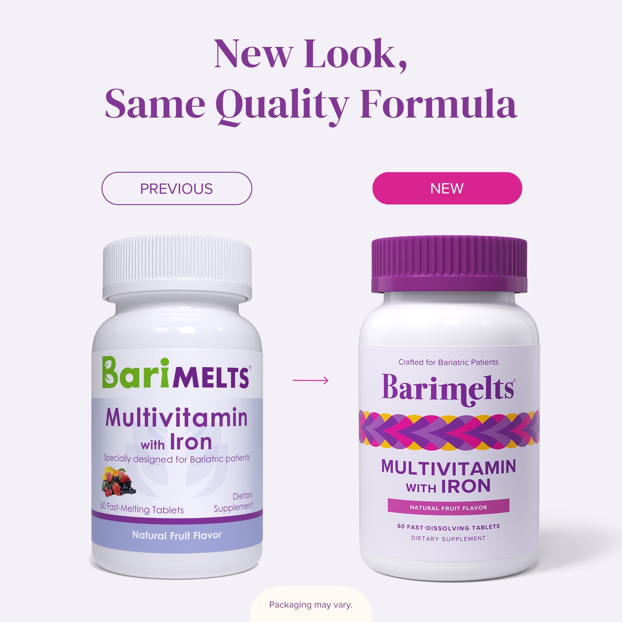 Two bottles of BariMelts multivitamin with iron are shown side by side, highlighting the new packaging on the right with a colorful design, while the left displays the previous version.