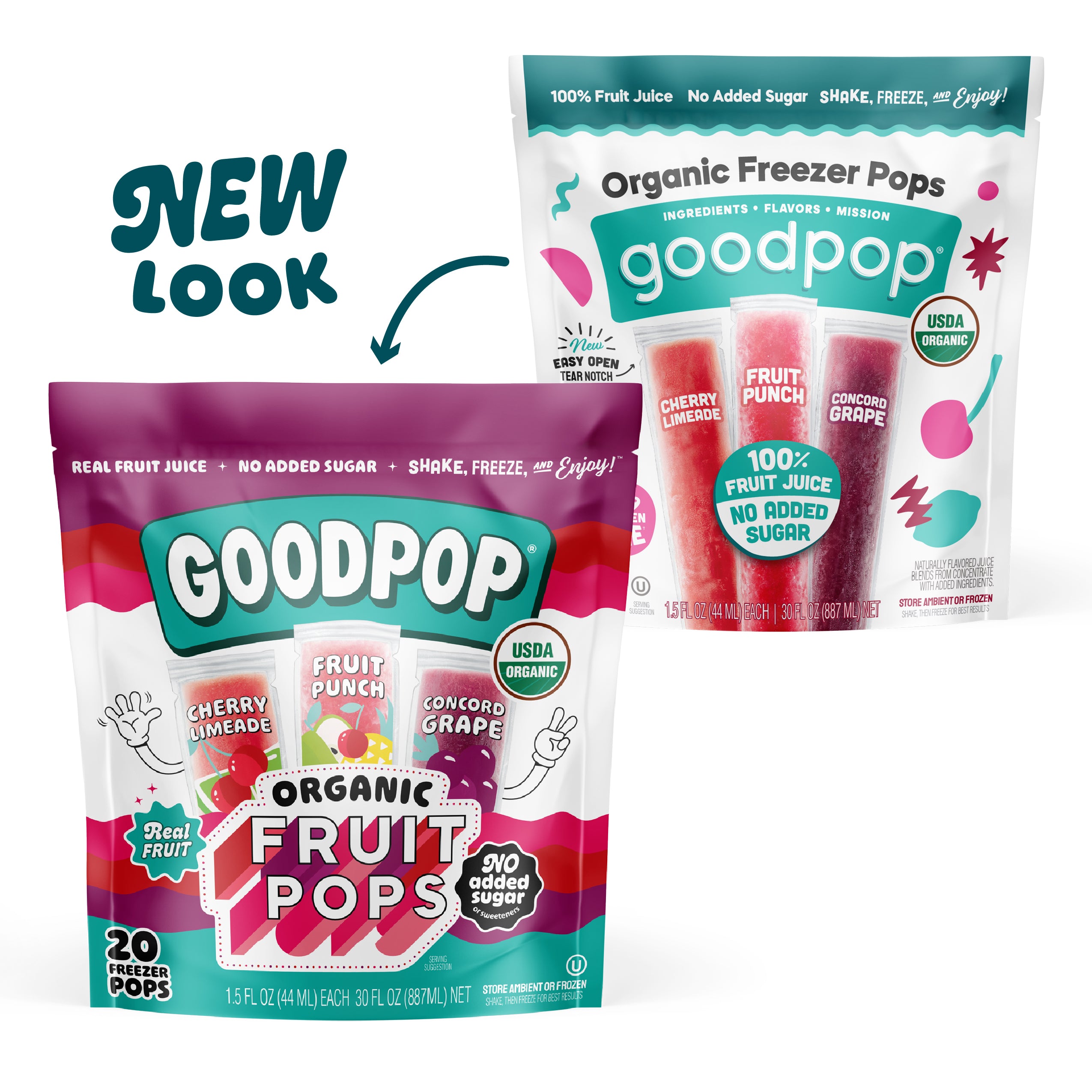 Two packaging designs for Goodpop organic freezer pops are shown, highlighting a new look with bold text; the front features flavors like cherry limeade and concord grape, emphasizing no added sugar.