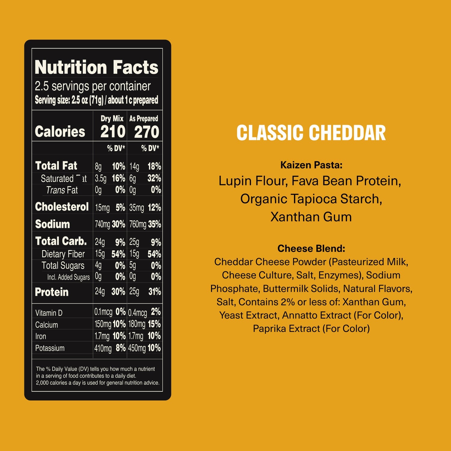 A nutrition facts label for "Classic Cheddar" pasta highlights ingredients like lupin flour and fava bean protein, along with calorie and nutrient information for two serving sizes.