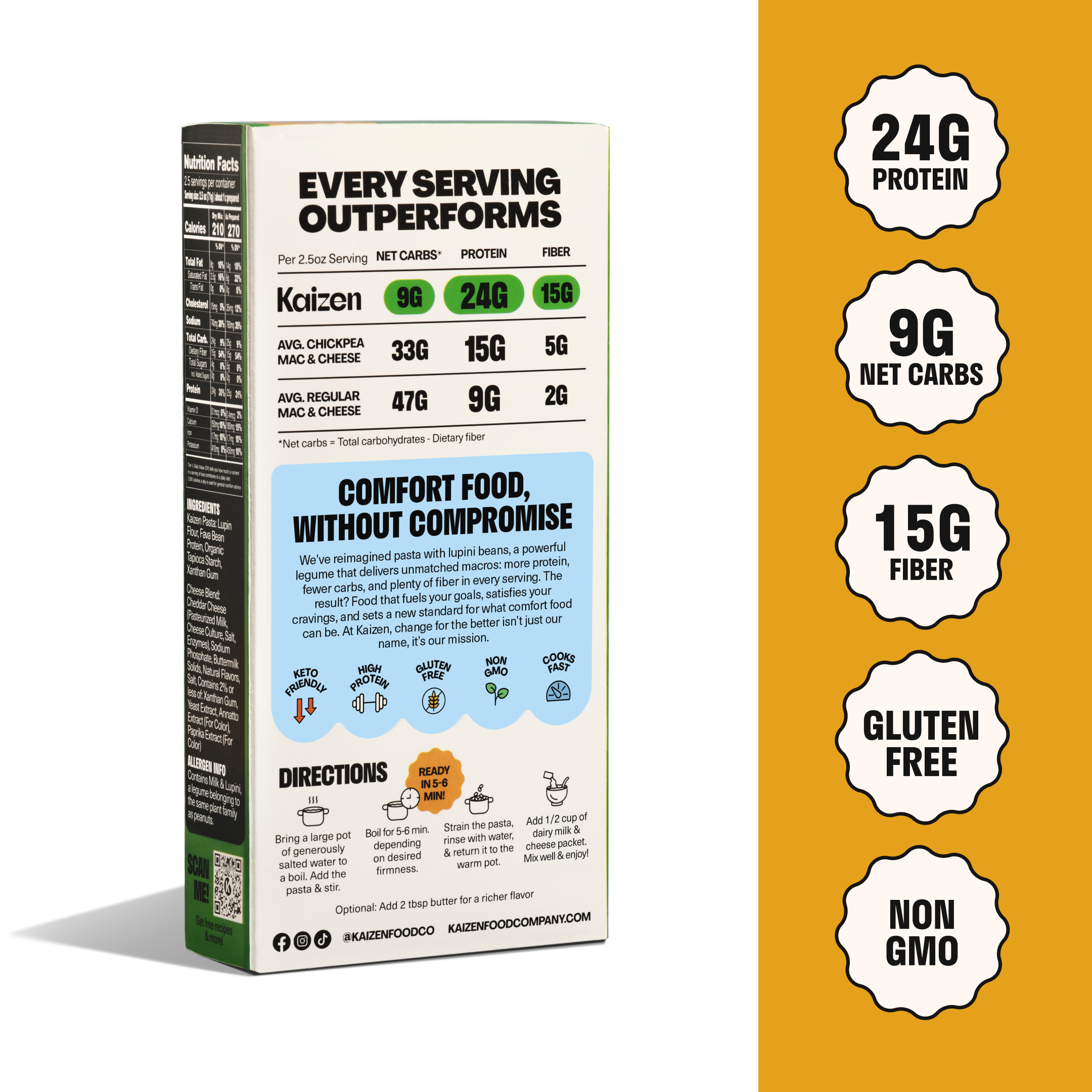 A colorful box of Kaizen chickpea mac and cheese displays nutritional information, emphasizing high protein, low net carbs, and fiber, with a blue section promoting it as comfort food without compromise.
