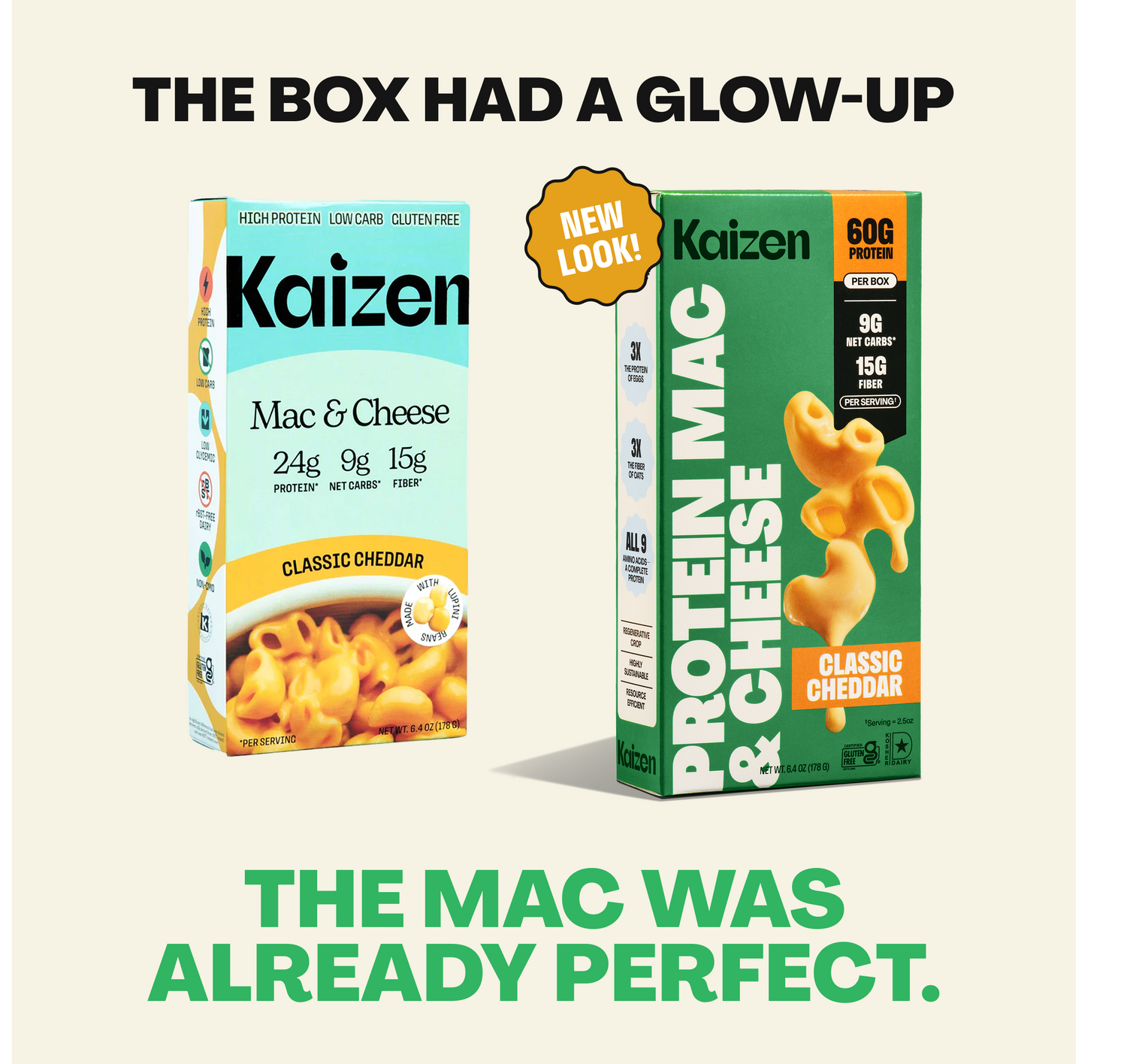 Two boxes of Kaizen mac and cheese are displayed side by side, showcasing a new design on the right with highlights of protein content, emphasizing the product's upgraded look and features.