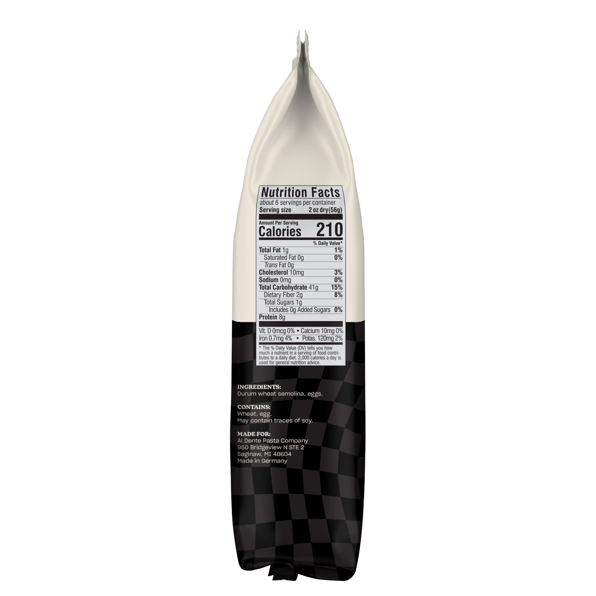 A nutrition facts label on a pasta package shows serving size, calorie count, and ingredient details, with a black and white design emphasizing its nutritional information.