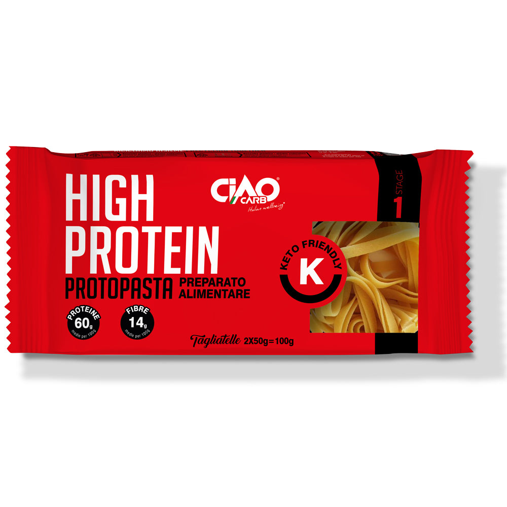 A red package of high protein prot pasta labeled "Keto Friendly" features tagliatelle and highlights 60g of protein and 14g of fiber per 100g, emphasizing its nutritional benefits for low-carb diets.
