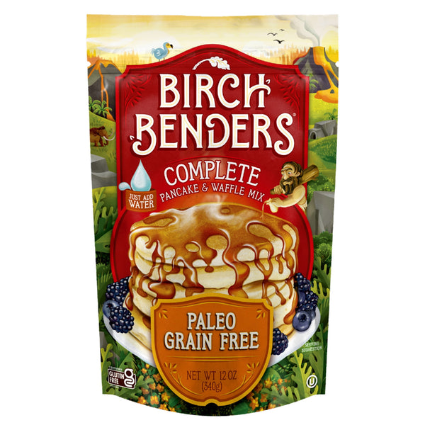 A colorful package of Birch Benders Complete Pancake and Waffle Mix features a stack of pancakes topped with syrup and berries, emphasizing its gluten-free and paleo-friendly attributes.