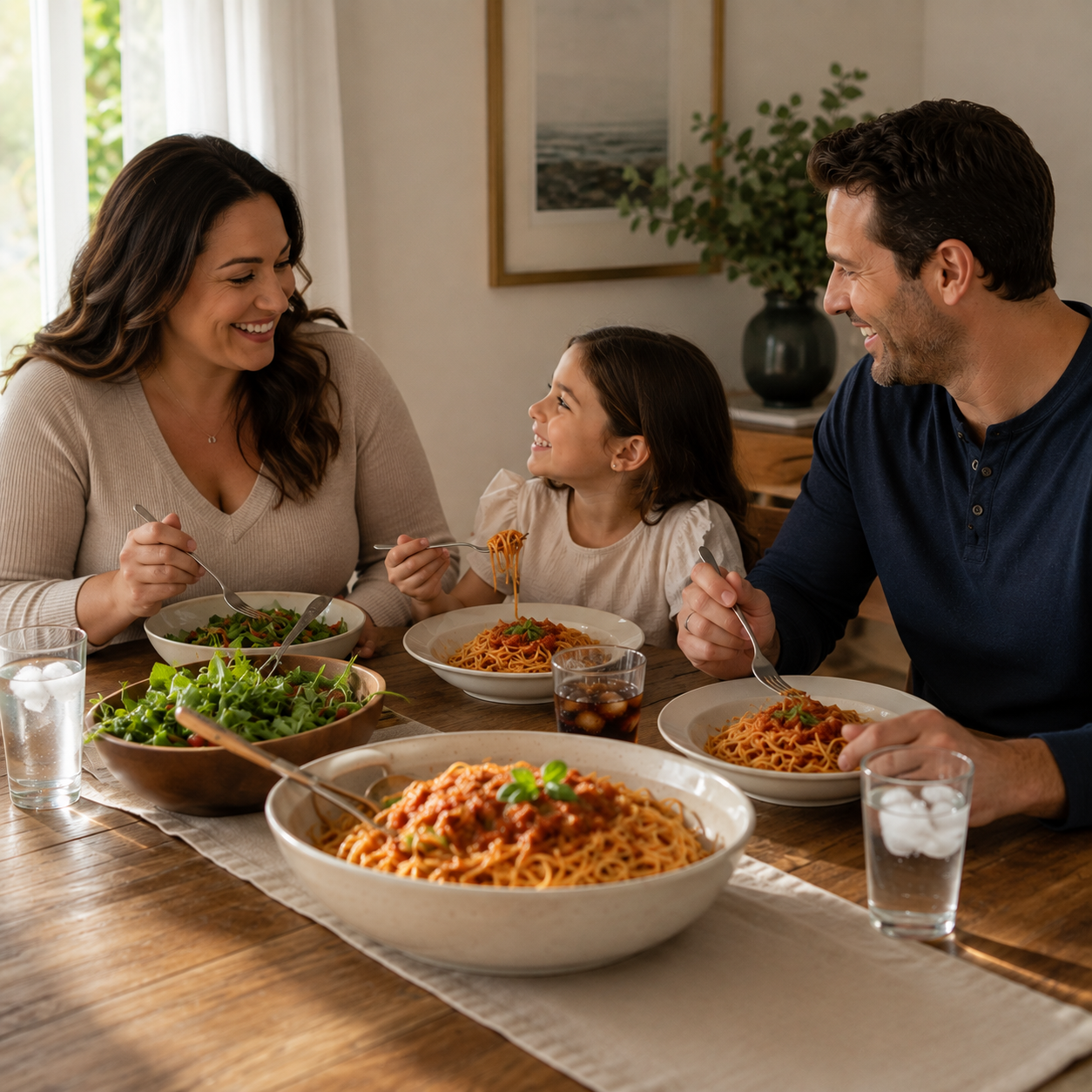 A family of three enjoys a meal together at a wooden dining table, with bowls of spaghetti and salad in the foreground. The mother on the left smiles while looking at her daughter, who is in the middle holding a forkful of spaghetti.