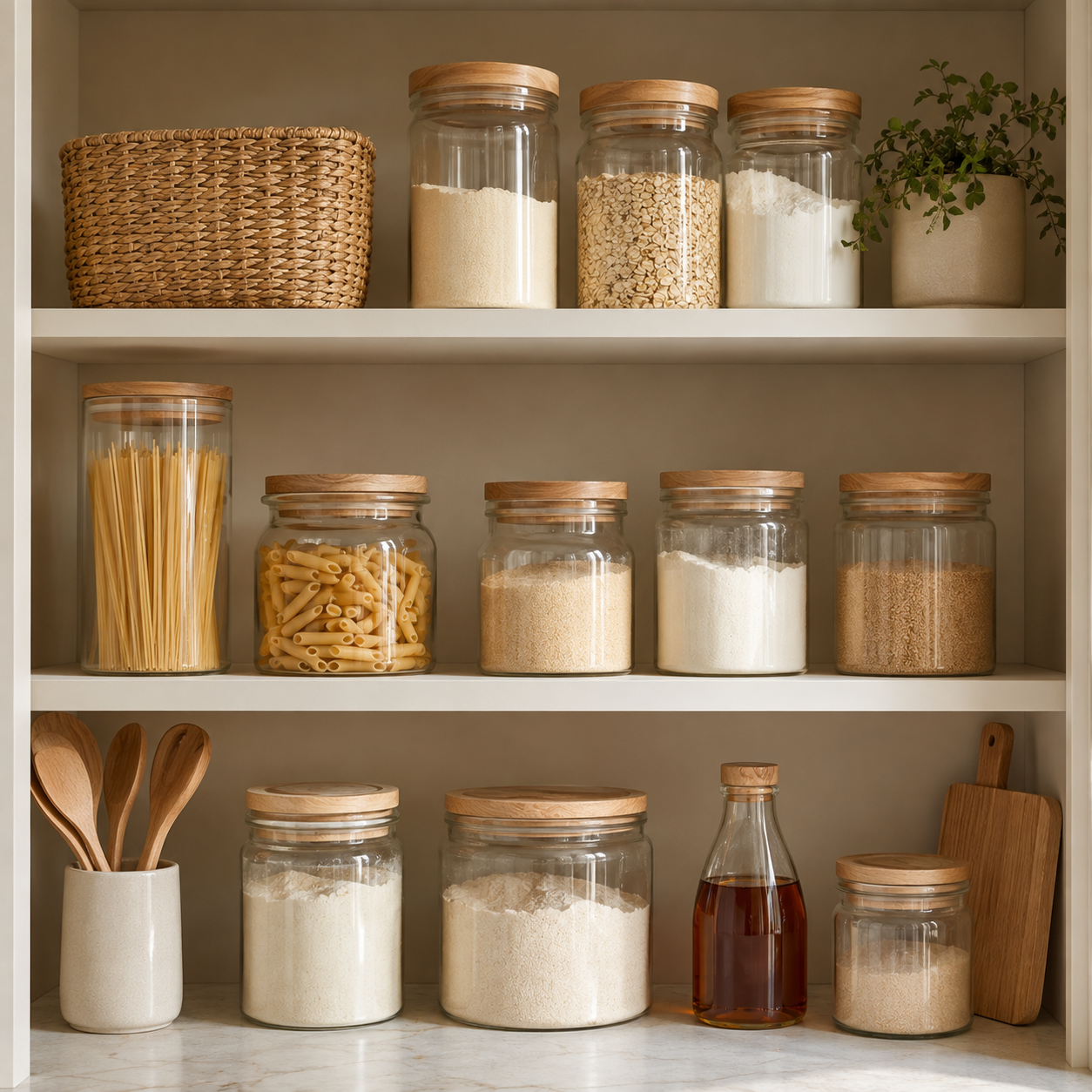 A set of clear glass canisters with light wood lids, neatly arranged on three white shelves of a wooden cabinet. The jars are filled with various pantry staples including pasta, grains, flour, and a dark liquid, alongside a woven basket, wooden spoons, and a small potted plant.