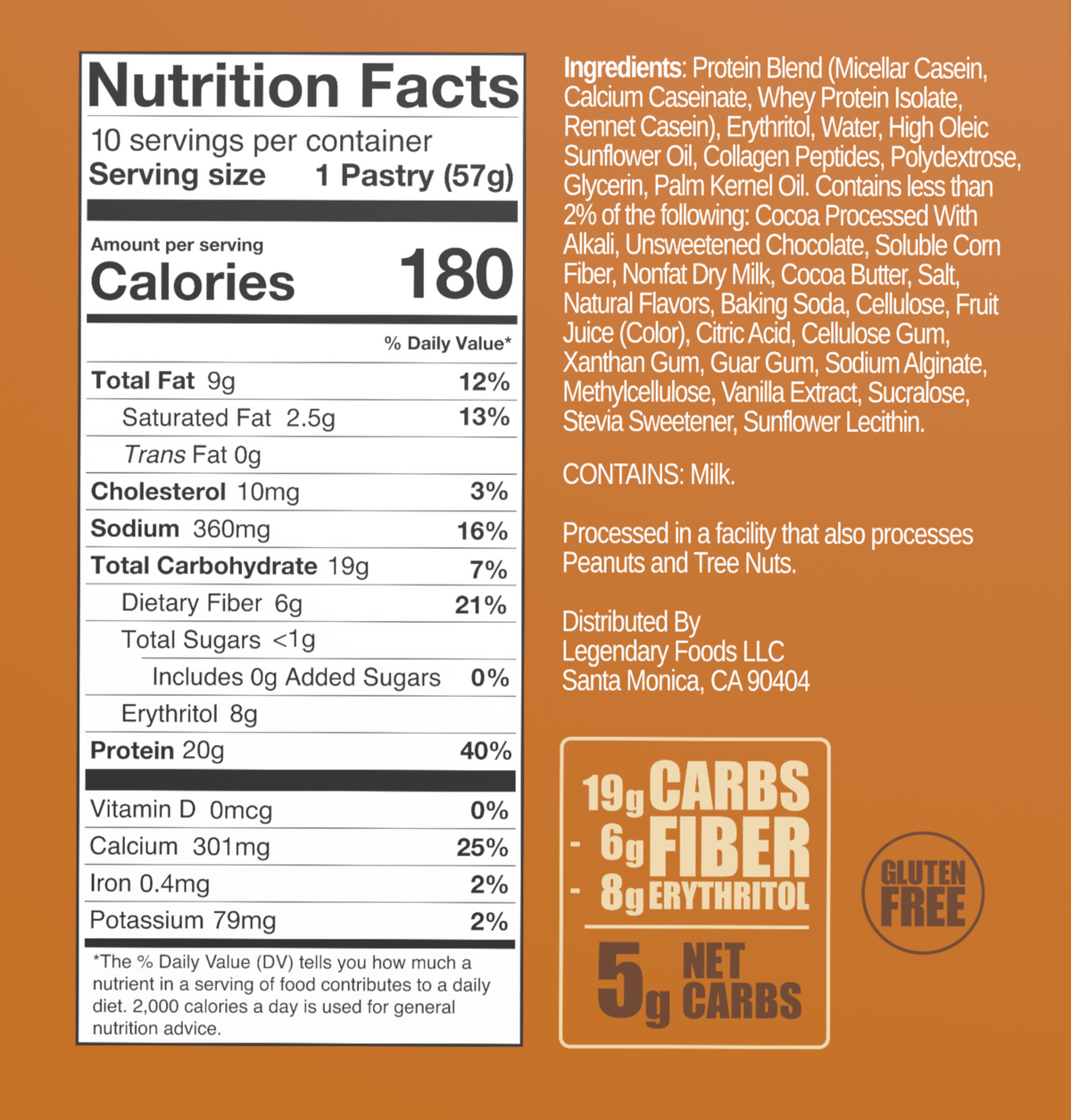 Nutrition facts label for a pastry, detailing serving size, calories, and nutrient content including protein, carbohydrates, and dietary fiber, with a gluten-free note and ingredient list.