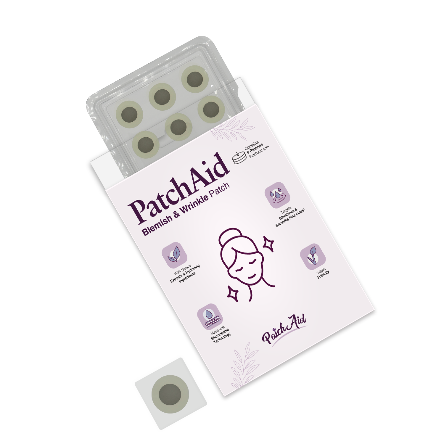 A package of PatchAid Blemish & Wrinkle Patches is shown, featuring a clear plastic tray with six circular patches and a colorful box displaying benefits and a graphic of a woman with a serene expression.