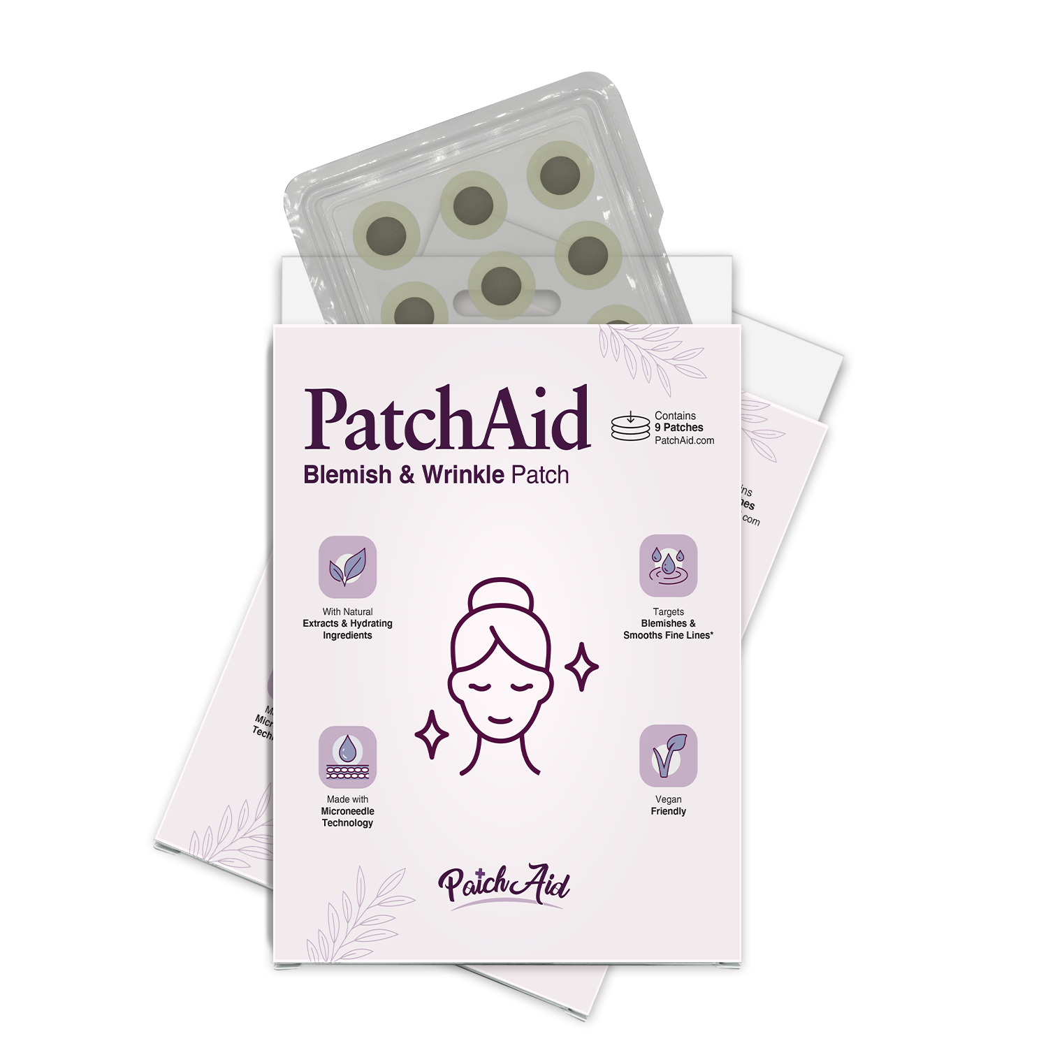 A packaging design for PatchAid Blemish & Wrinkle Patches features a woman’s face illustration, highlighting benefits like hydration and vegan-friendly ingredients, with a tray of patches visible behind it.