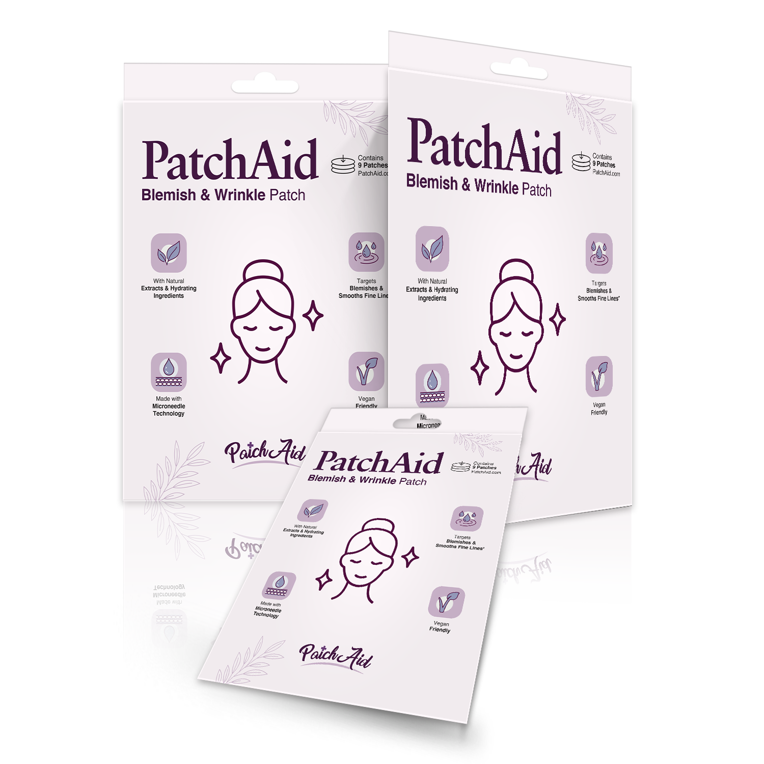 Three packages of PatchAid Blemish & Wrinkle Patches are displayed, featuring a simple illustration of a woman’s face with sparkling accents, highlighting their natural ingredients and vegan-friendly features.