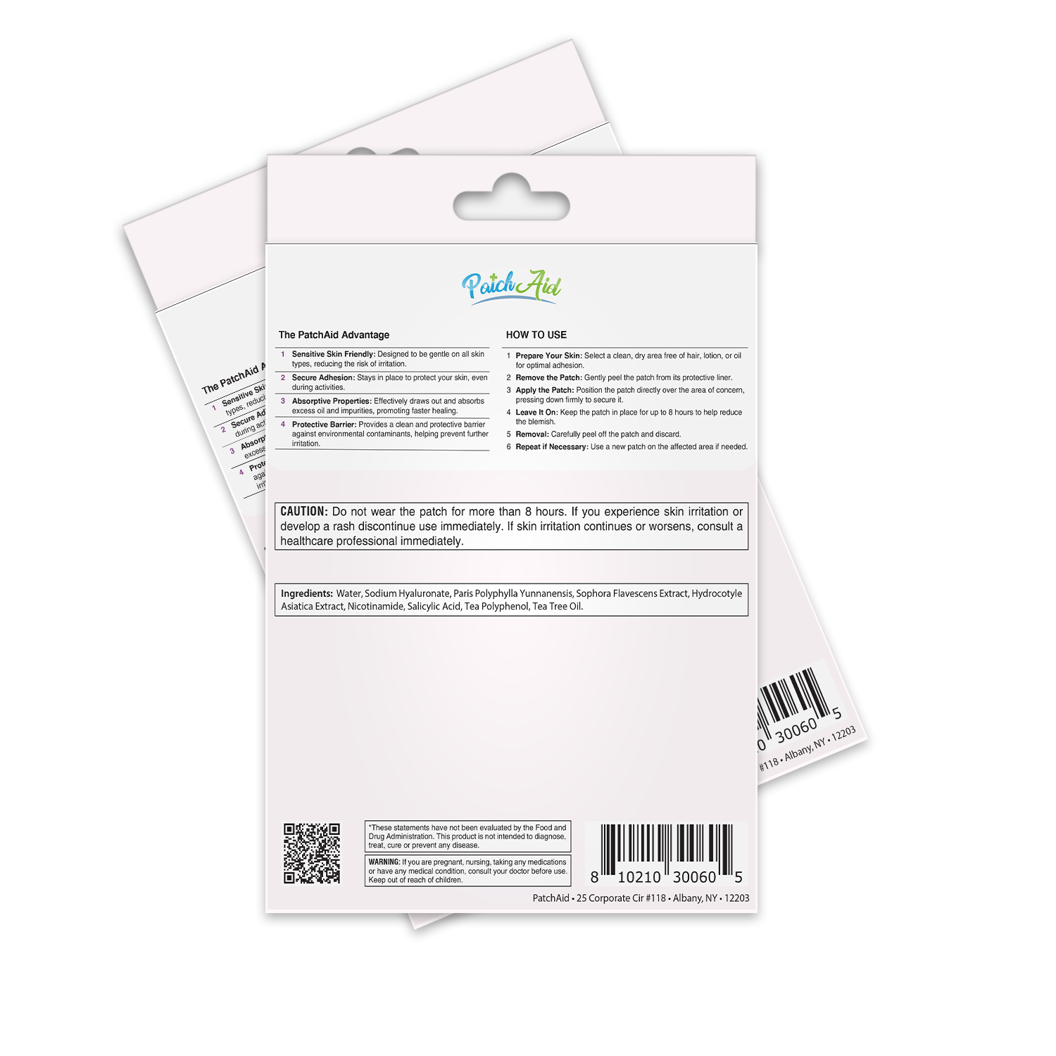 The back of a PatchAid product package displays usage instructions, ingredients, and cautionary information for a skin patch designed for sensitive skin.