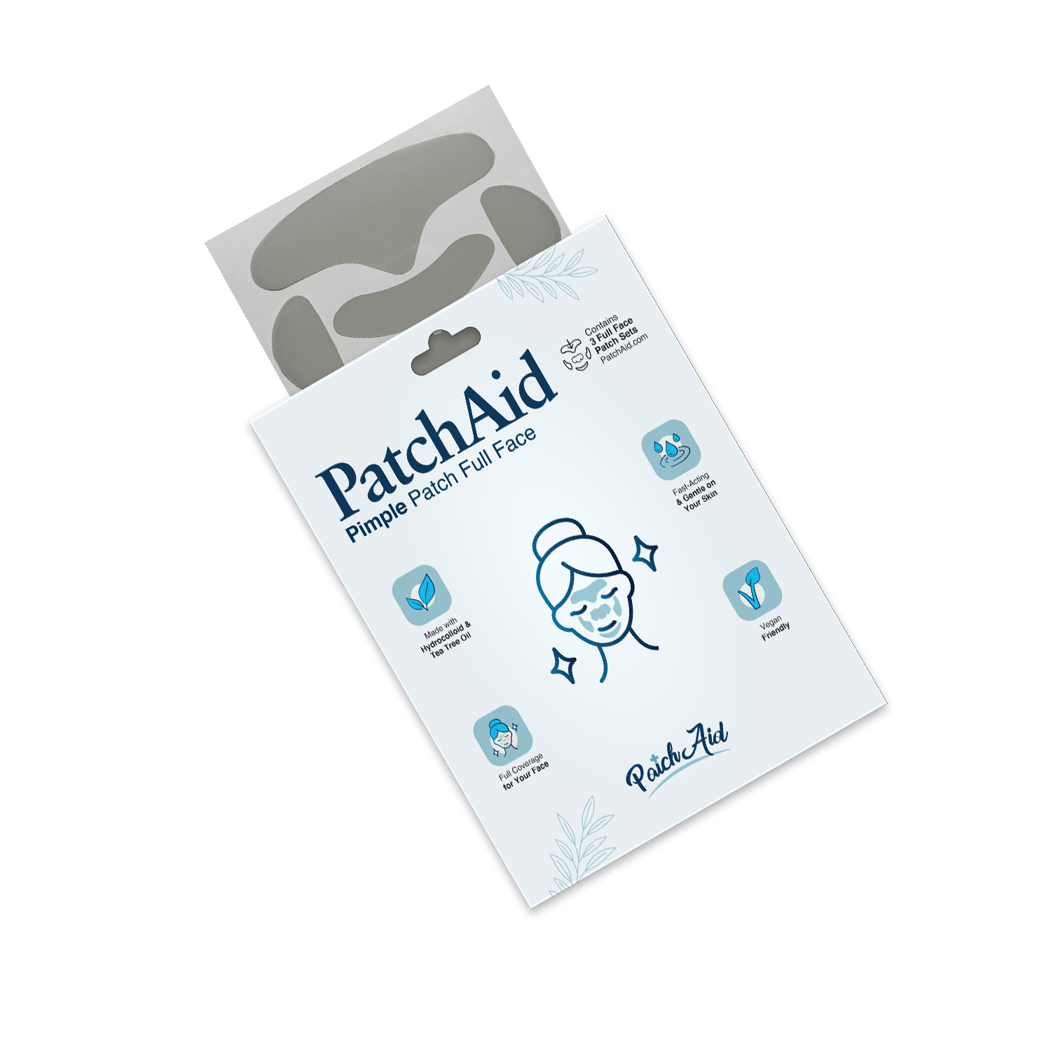 A product package for PatchAid Pimple Patch Full Face features an illustration of a smiling person with patches on their face, highlighting benefits like hydration and skin soothing.